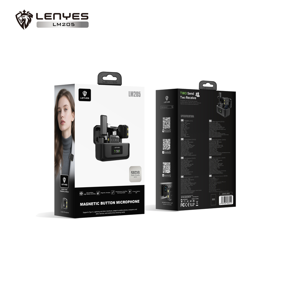 LENYES LM205 Micrófono Lavalier Inalámbrico Dual AI USB-C Lightning 6h 20m Negro