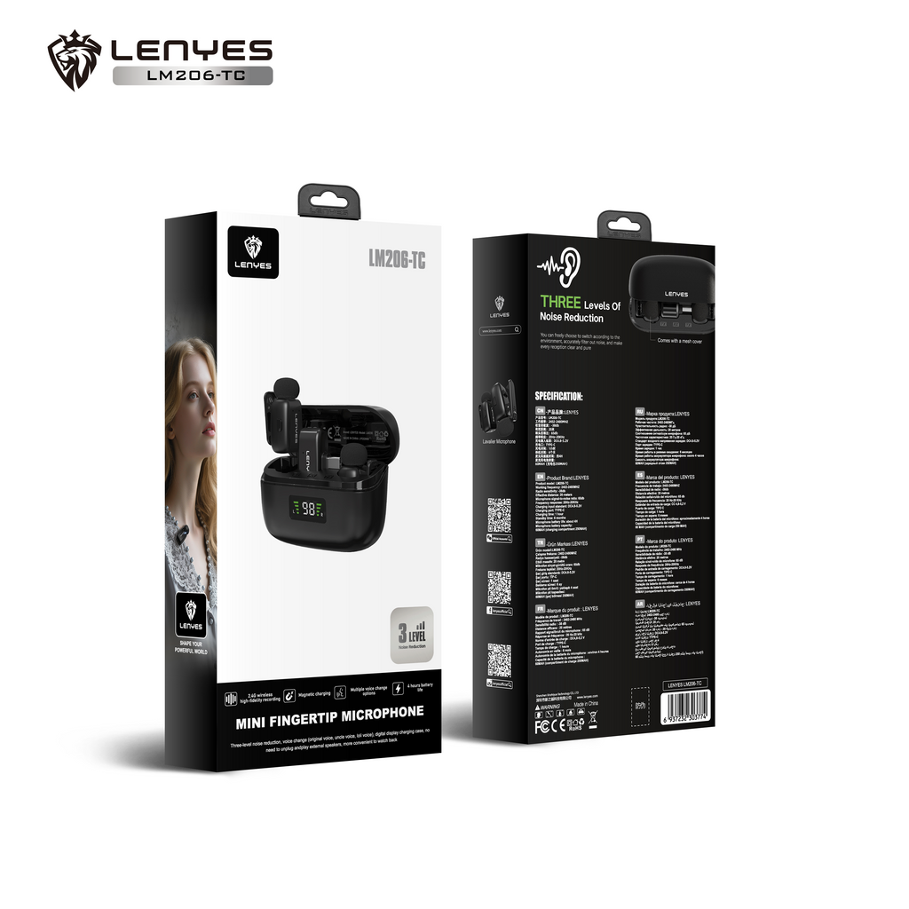 LENYES LM206 Micrófono Lavalier Inalámbrico USB-C 4.8g Reducción Ruido 20m Negro