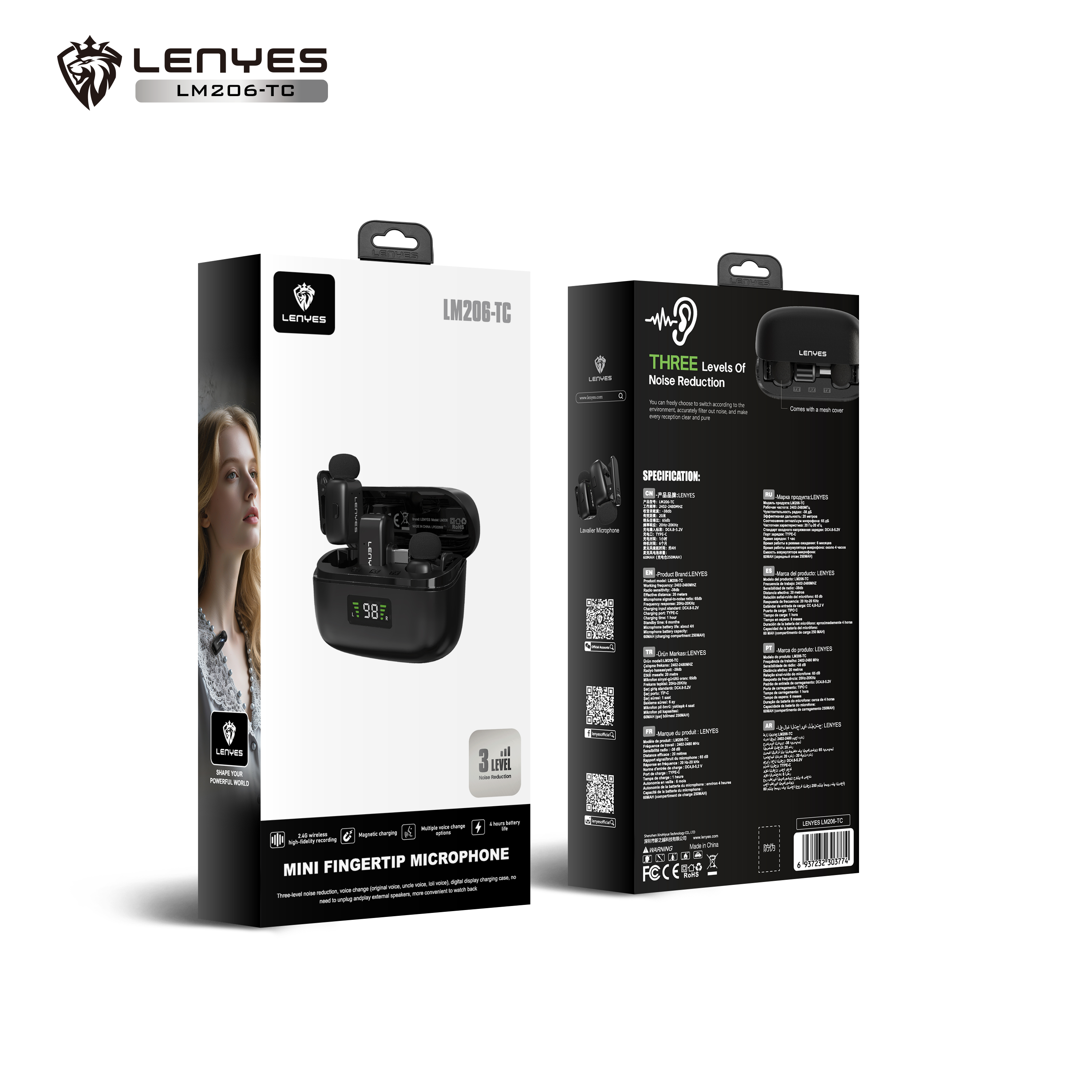 LENYES LM206 Micrófono Lavalier Inalámbrico USB-C 4.8g Reducción Ruido 20m Negro