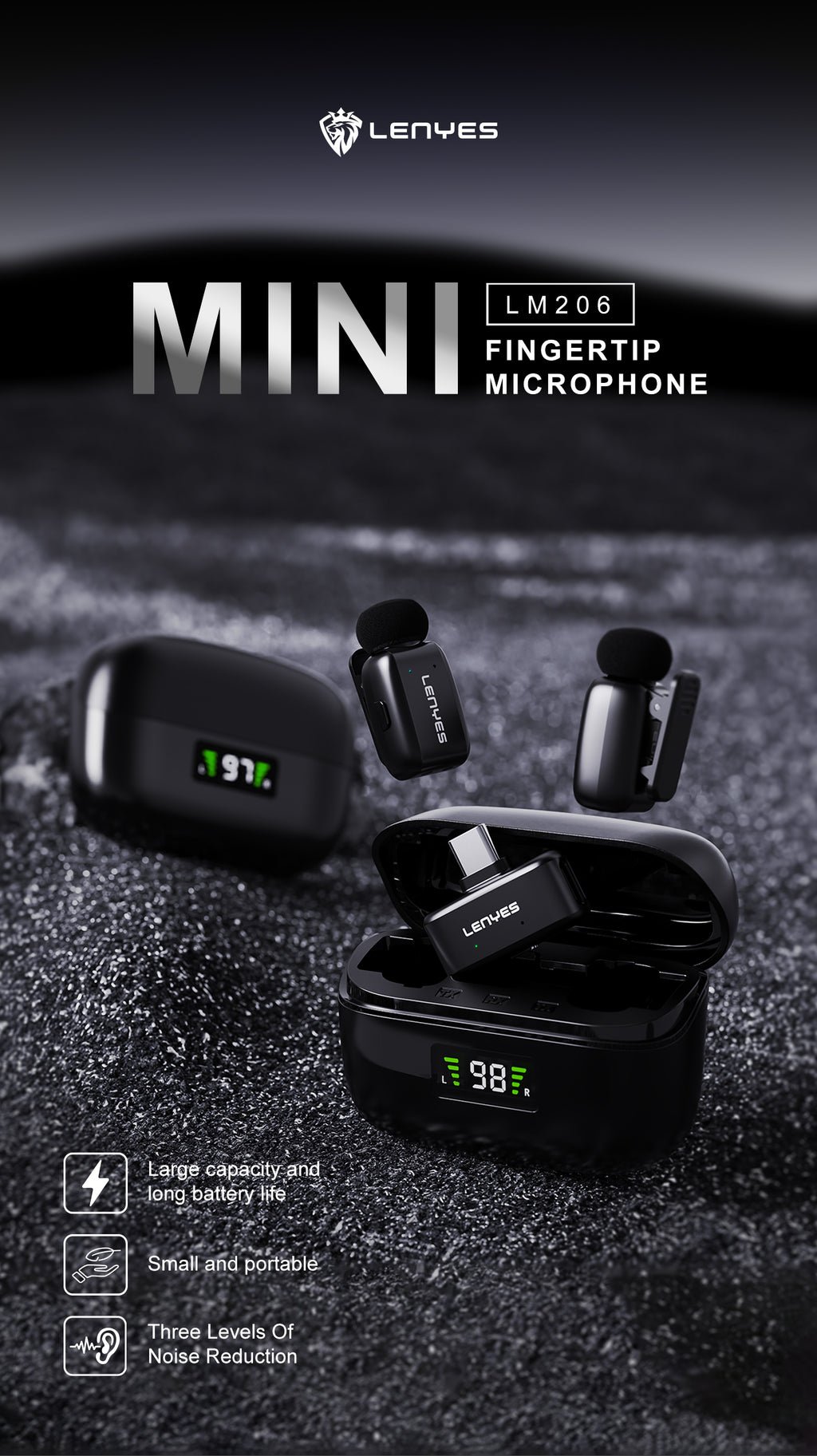 LENYES LM206 Micrófono Lavalier Inalámbrico USB-C 4.8g Reducción Ruido 20m Negro