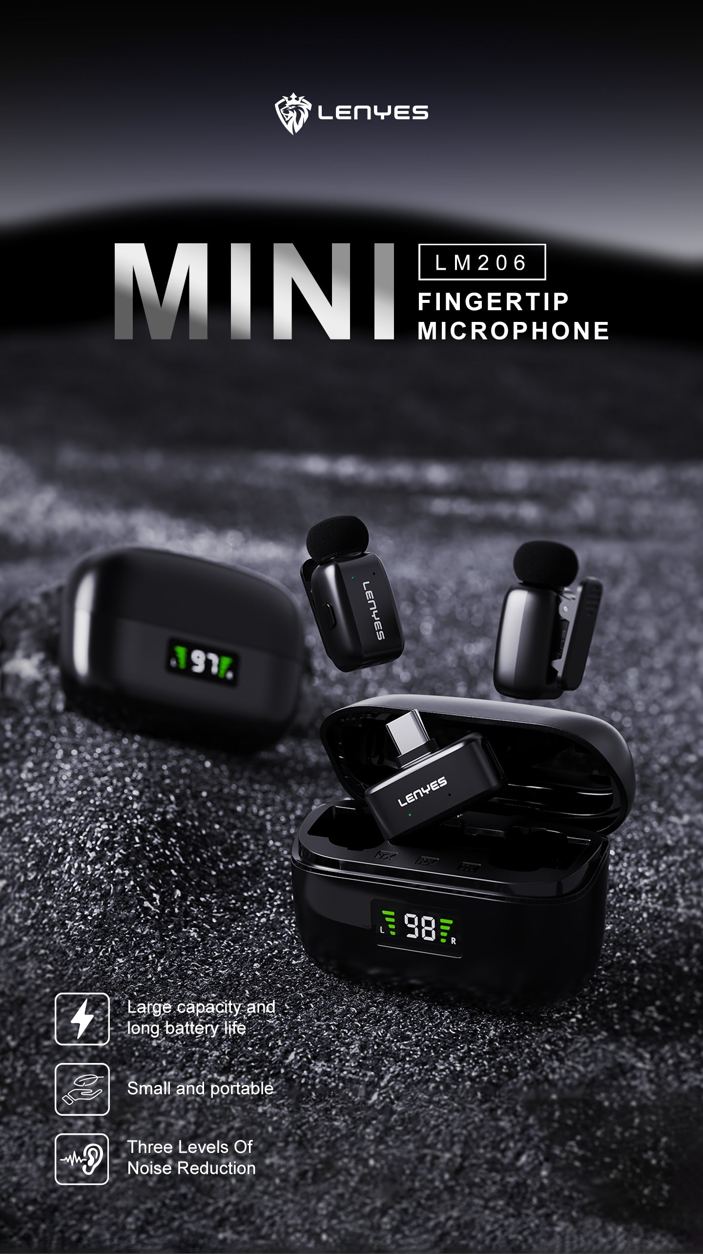 LENYES LM206 Micrófono Lavalier Inalámbrico USB-C 4.8g Reducción Ruido 20m Negro