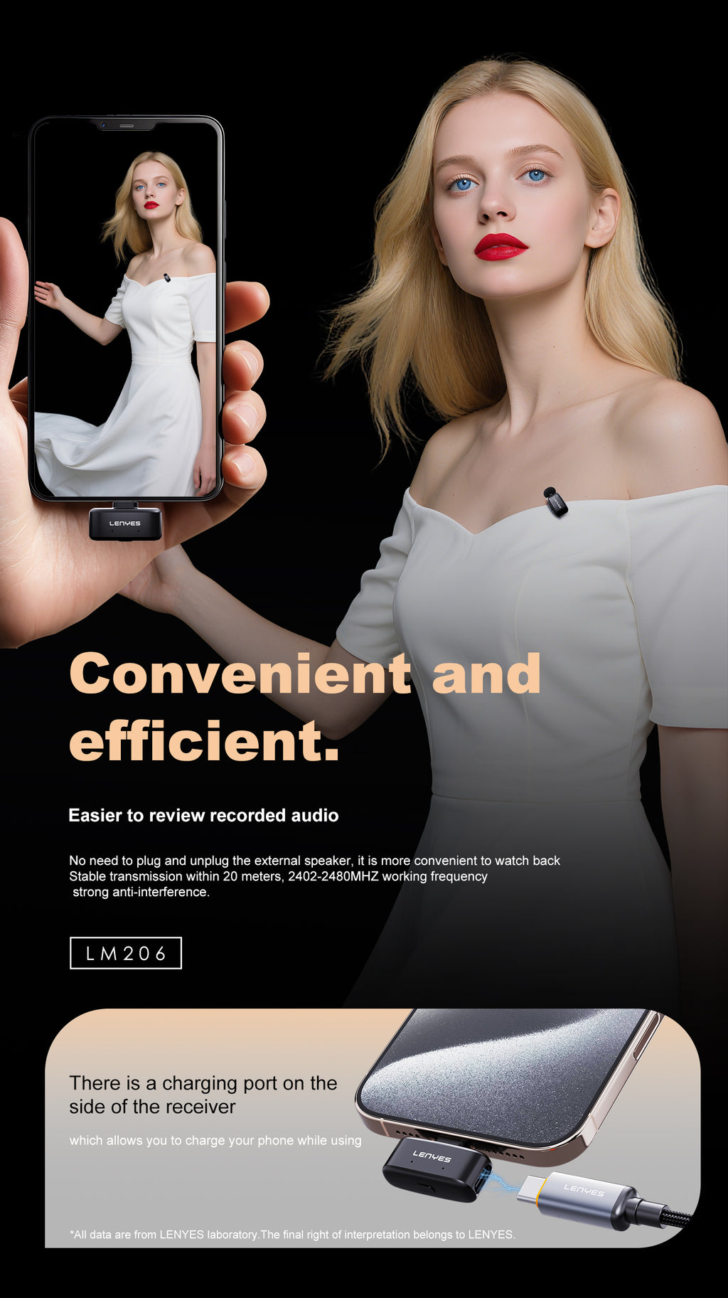 LENYES LM206 Micrófono Lavalier Inalámbrico USB-C 4.8g Reducción Ruido 20m Negro