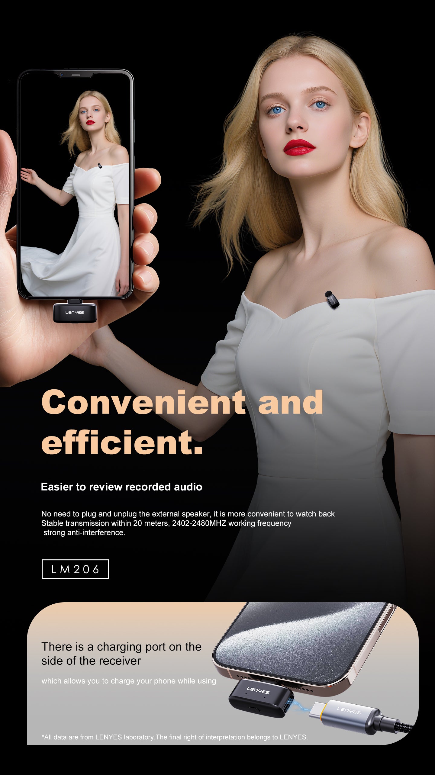 LENYES LM206 Micrófono Lavalier Inalámbrico USB-C 4.8g Reducción Ruido 20m Negro