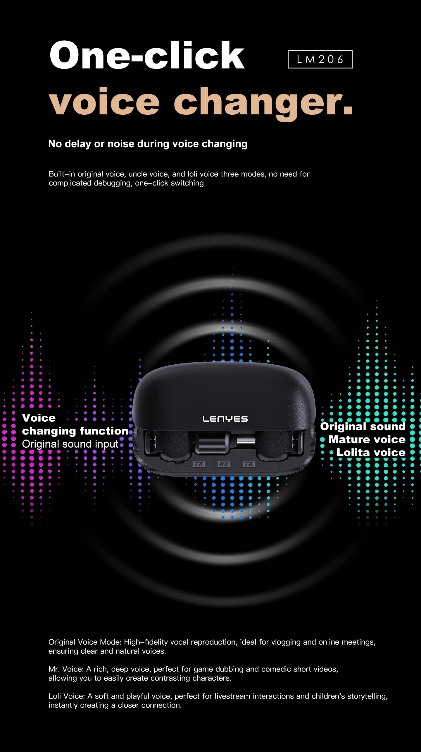 LENYES LM206 Micrófono Lavalier Inalámbrico USB-C 4.8g Reducción Ruido 20m Negro