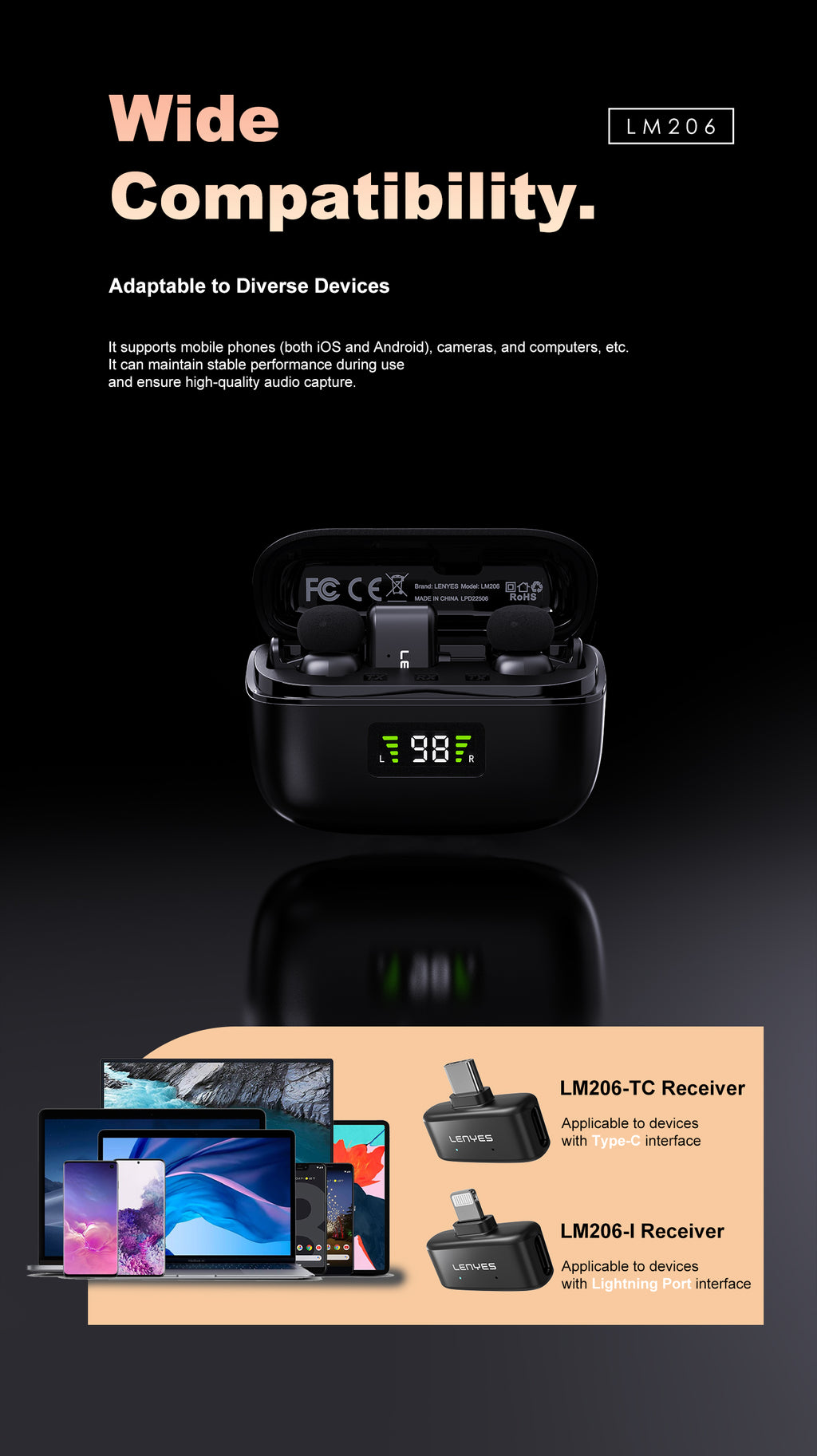 LENYES LM206 Micrófono Lavalier Inalámbrico USB-C 4.8g Reducción Ruido 20m Negro