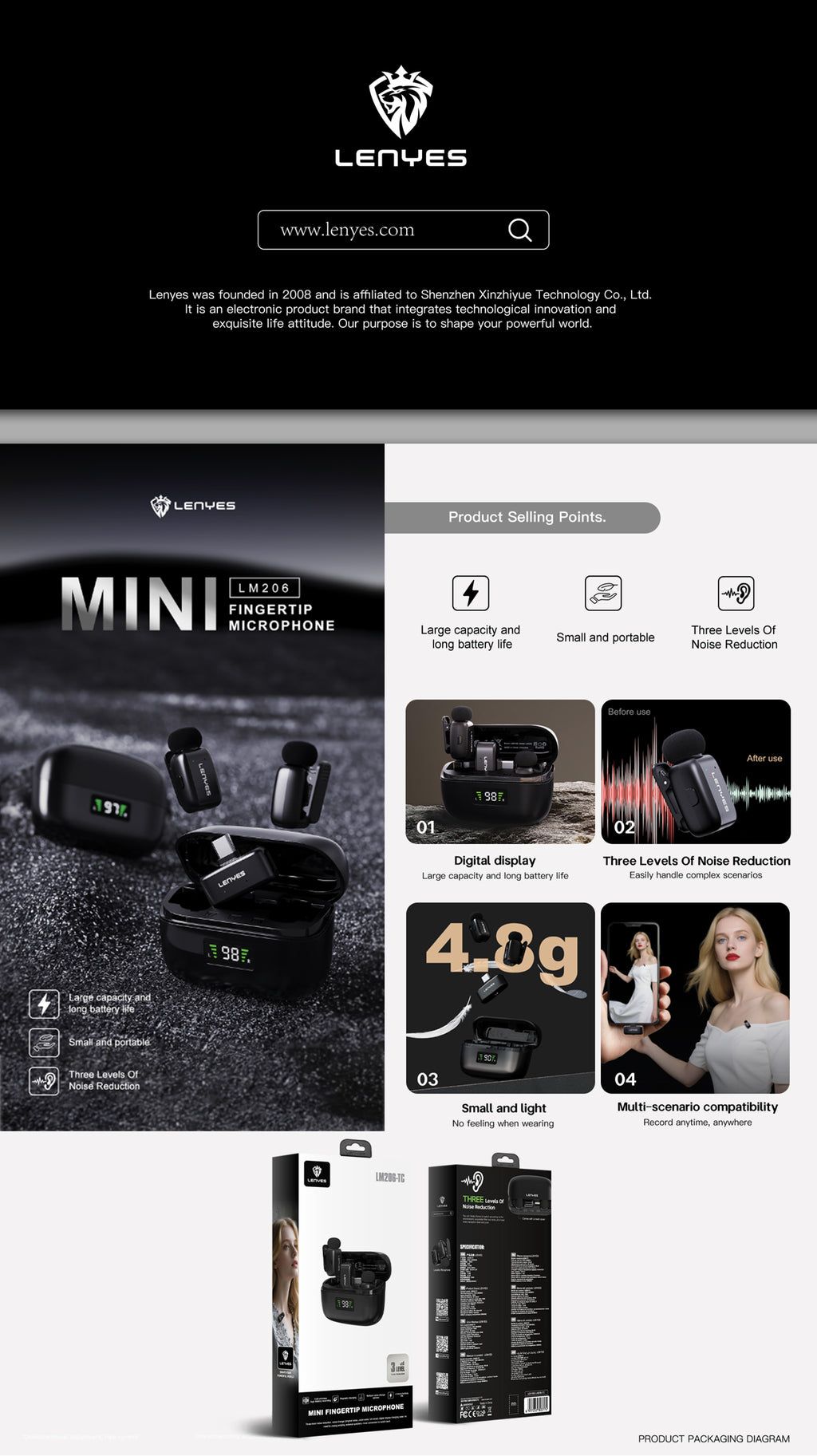 LENYES LM206 Micrófono Lavalier Inalámbrico USB-C 4.8g Reducción Ruido 20m Negro