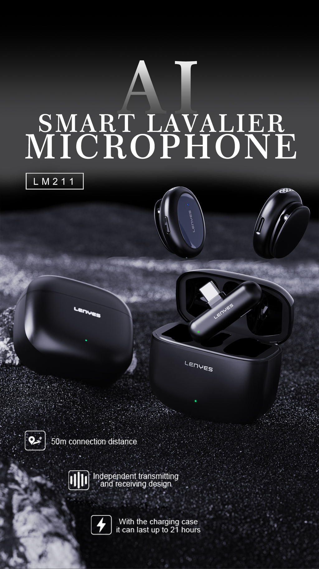 LENYES LM211 Micrófono Lavalier Inalámbrico USB-C 48KHz 24bit AI 50m 21h Negro