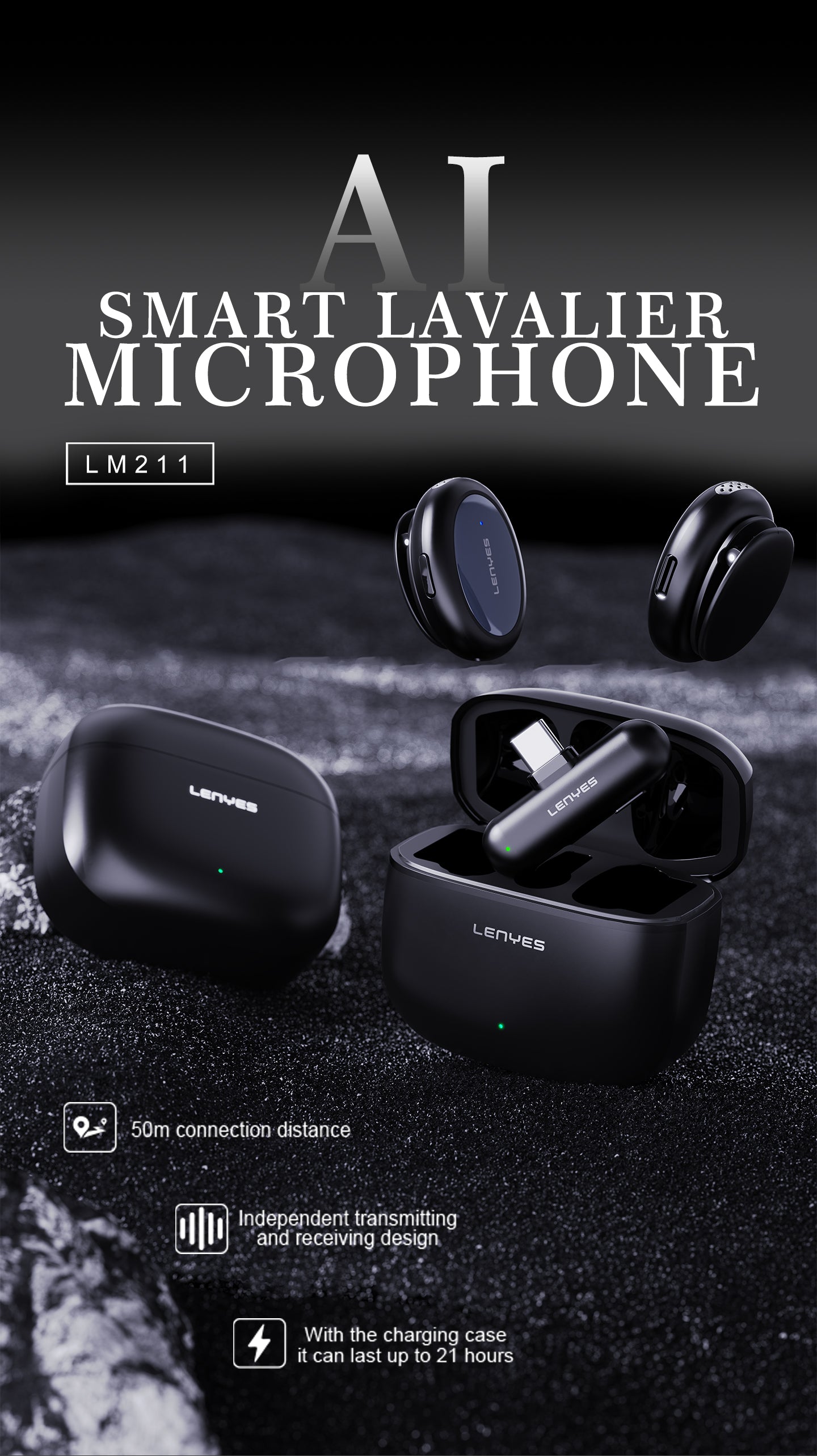 LENYES LM211 Micrófono Lavalier Inalámbrico USB-C 48KHz 24bit AI 50m 21h Negro