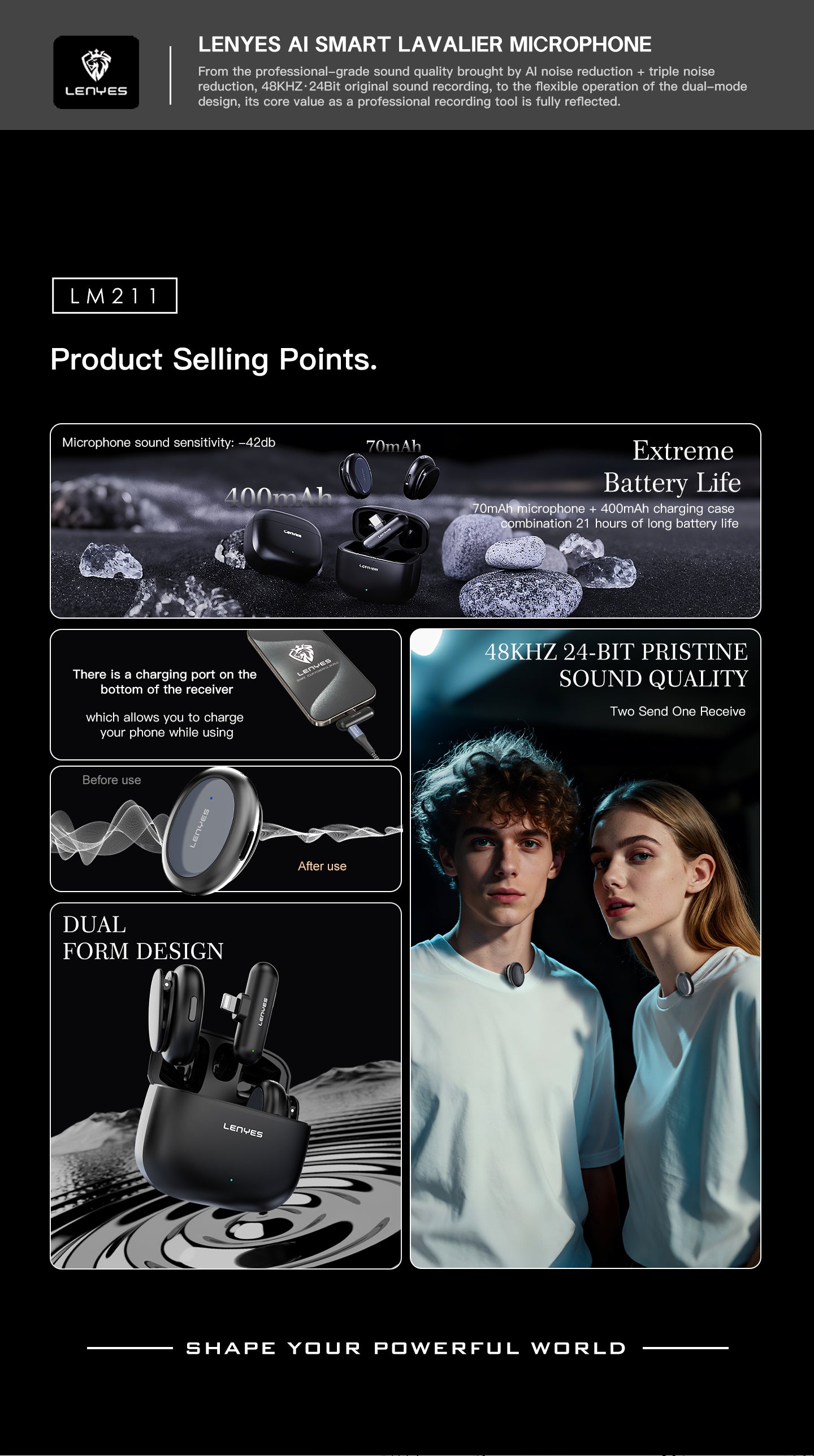 LENYES LM211 Micrófono Lavalier Inalámbrico USB-C 48KHz 24bit AI 50m 21h Negro