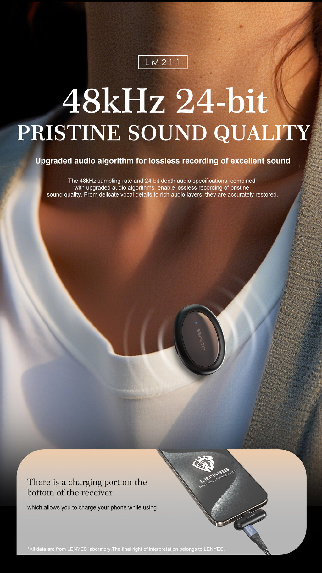LENYES LM211 Micrófono Lavalier Inalámbrico USB-C 48KHz 24bit AI 50m 21h Negro
