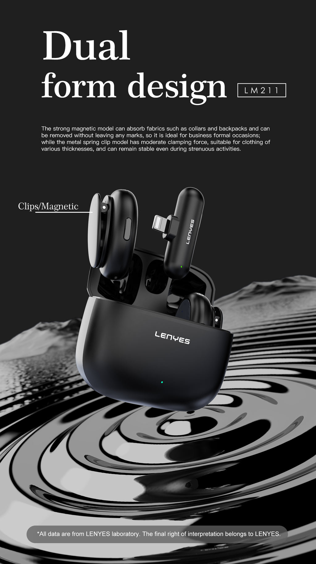 LENYES LM211 Micrófono Lavalier Inalámbrico USB-C 48KHz 24bit AI 50m 21h Negro