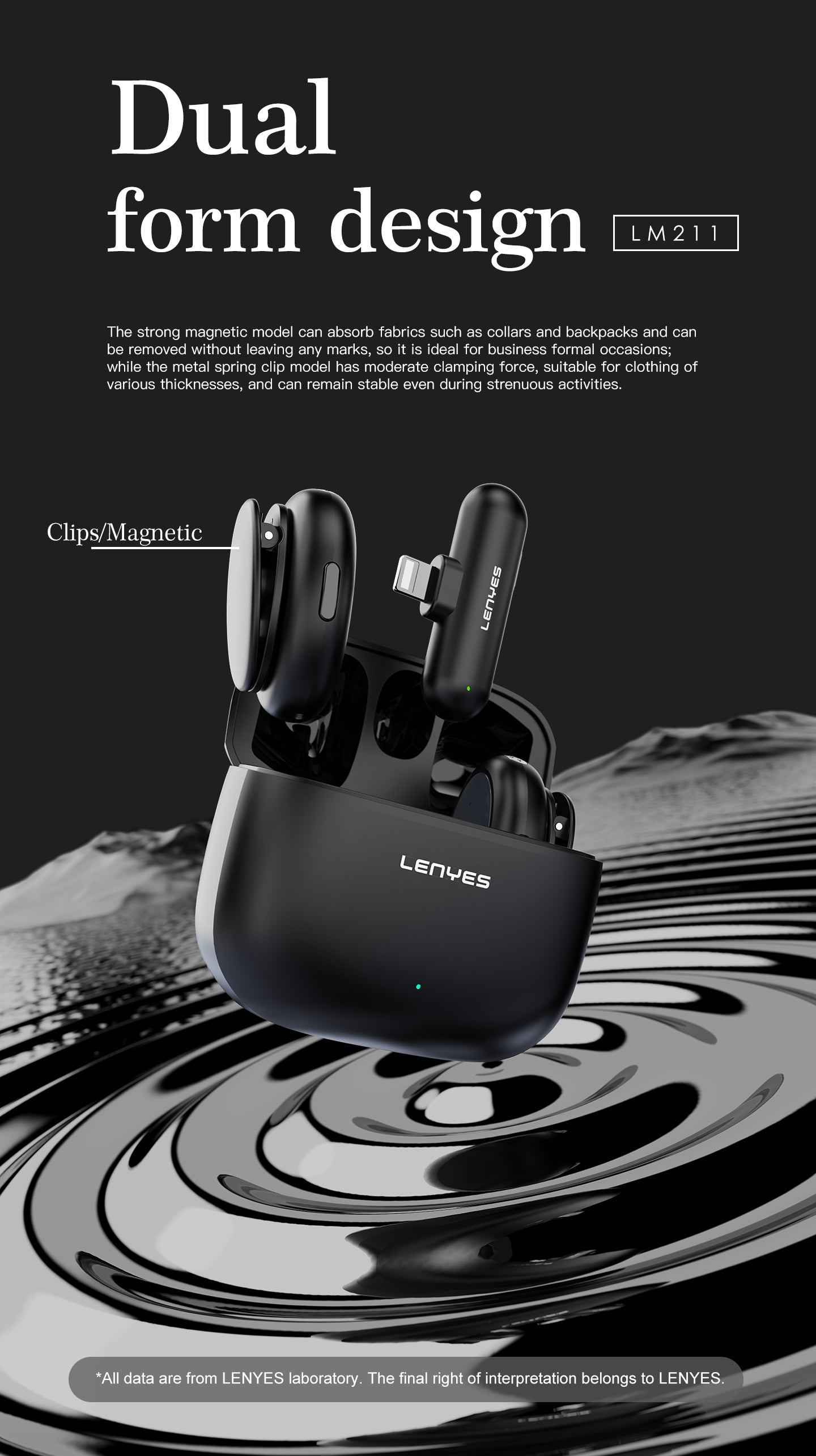 LENYES LM211 Micrófono Lavalier Inalámbrico USB-C 48KHz 24bit AI 50m 21h Negro