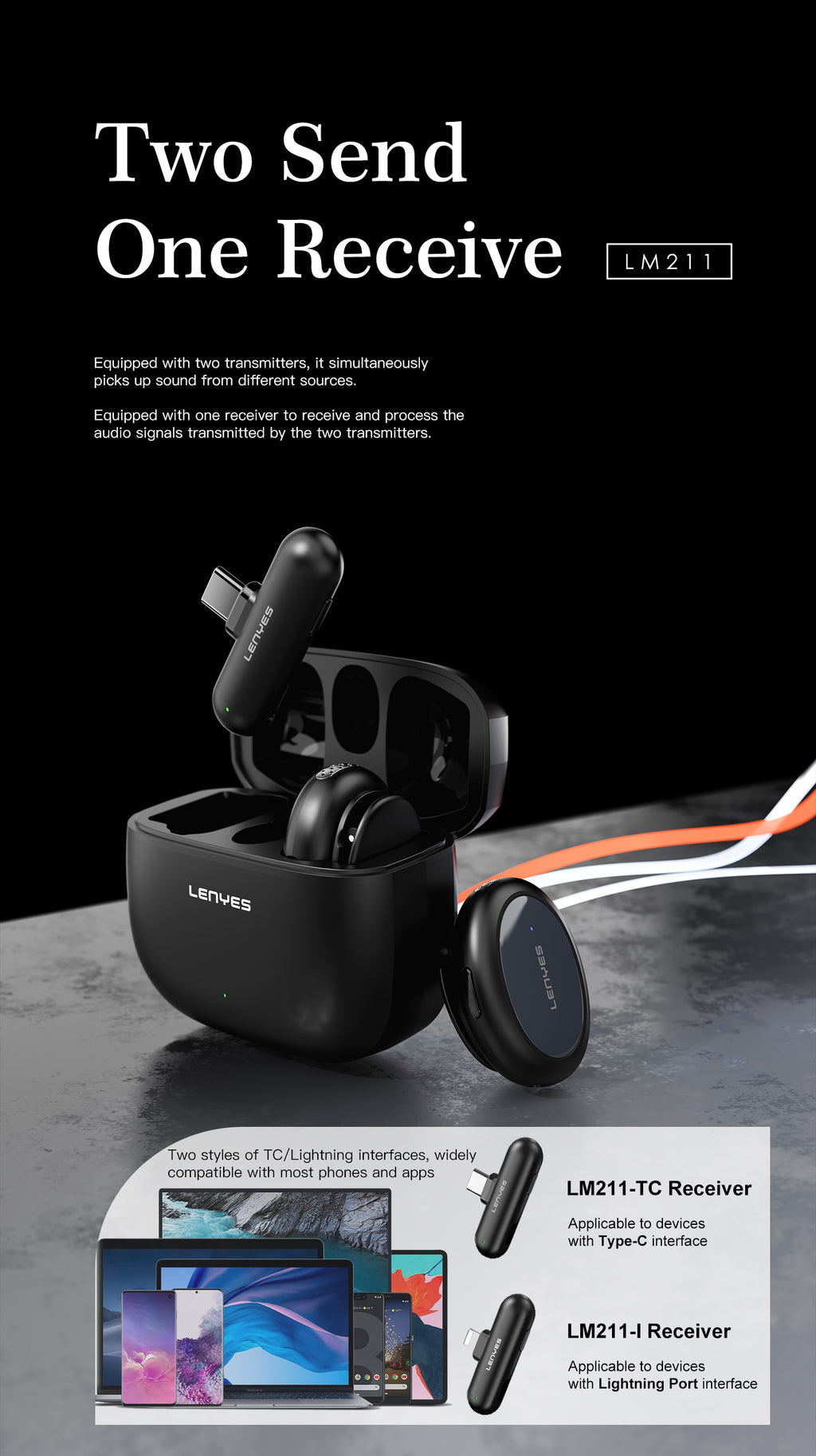 LENYES LM211 Micrófono Lavalier Inalámbrico USB-C 48KHz 24bit AI 50m 21h Negro