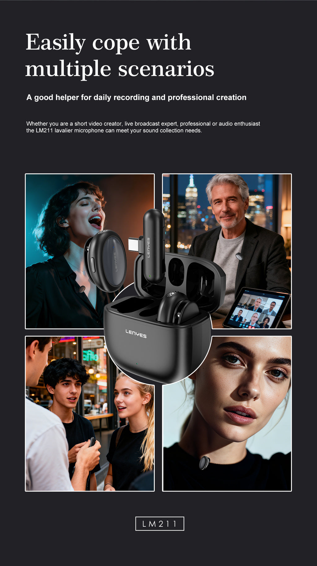 LENYES LM211 Micrófono Lavalier Inalámbrico USB-C 48KHz 24bit AI 50m 21h Negro