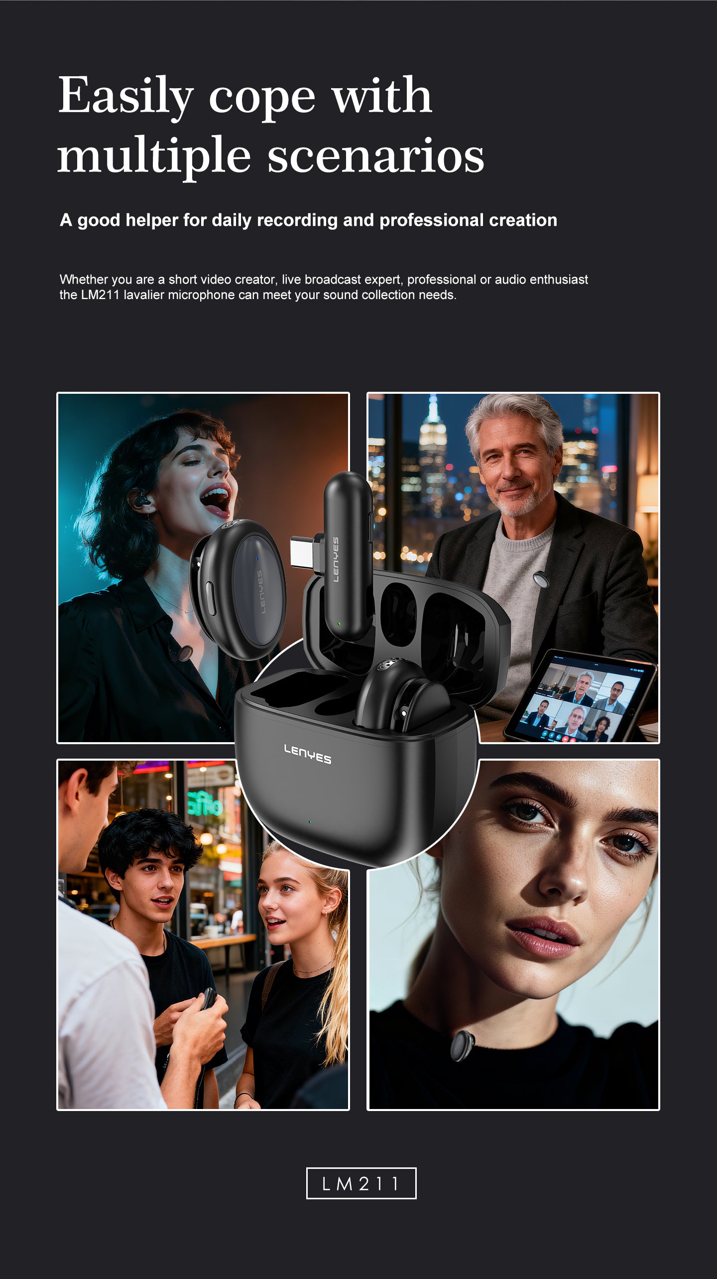 LENYES LM211 Micrófono Lavalier Inalámbrico USB-C 48KHz 24bit AI 50m 21h Negro