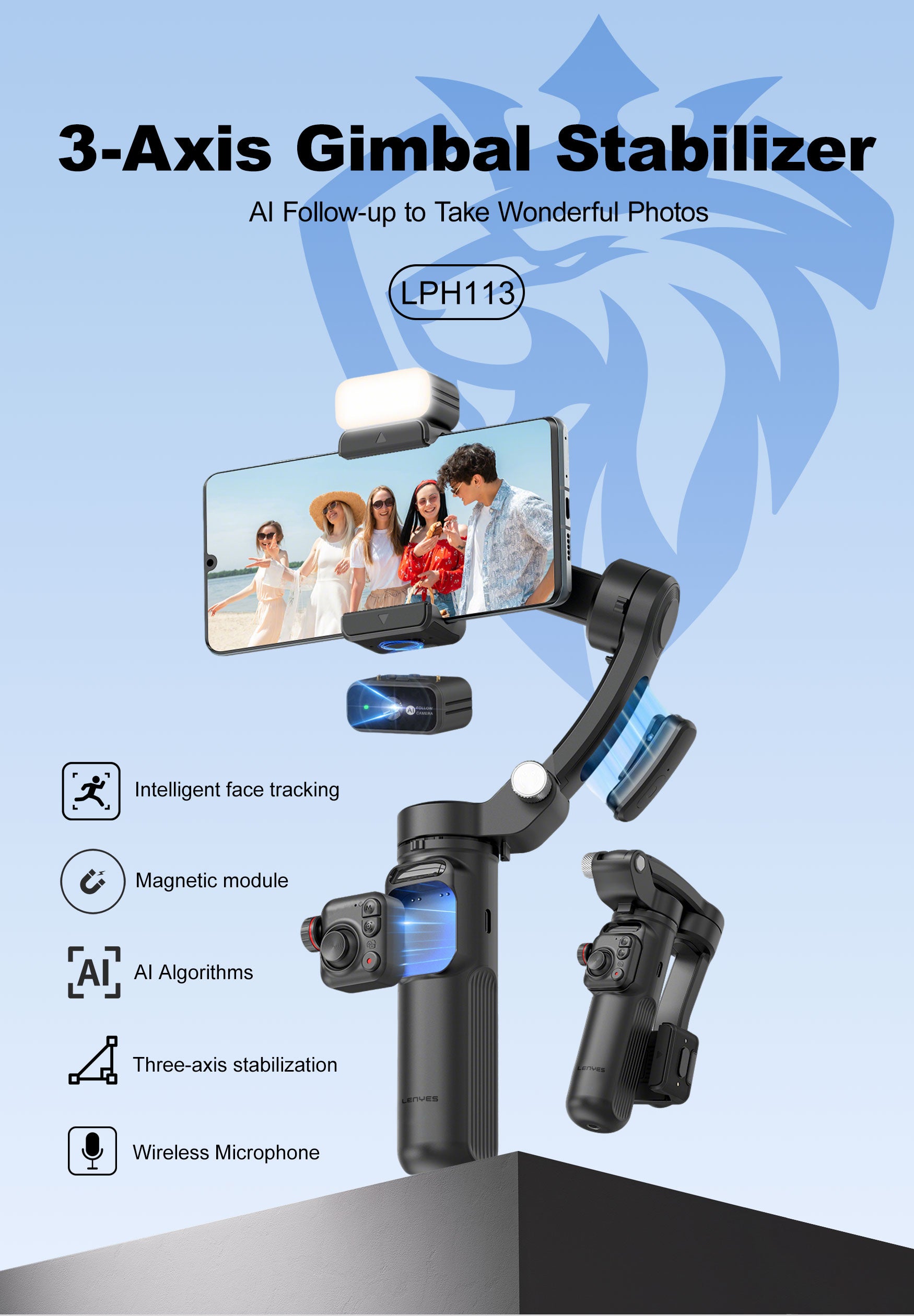 Estabilizador Gimbal | 3 Ejes Seguimiento IA y Micrófono | LPH113