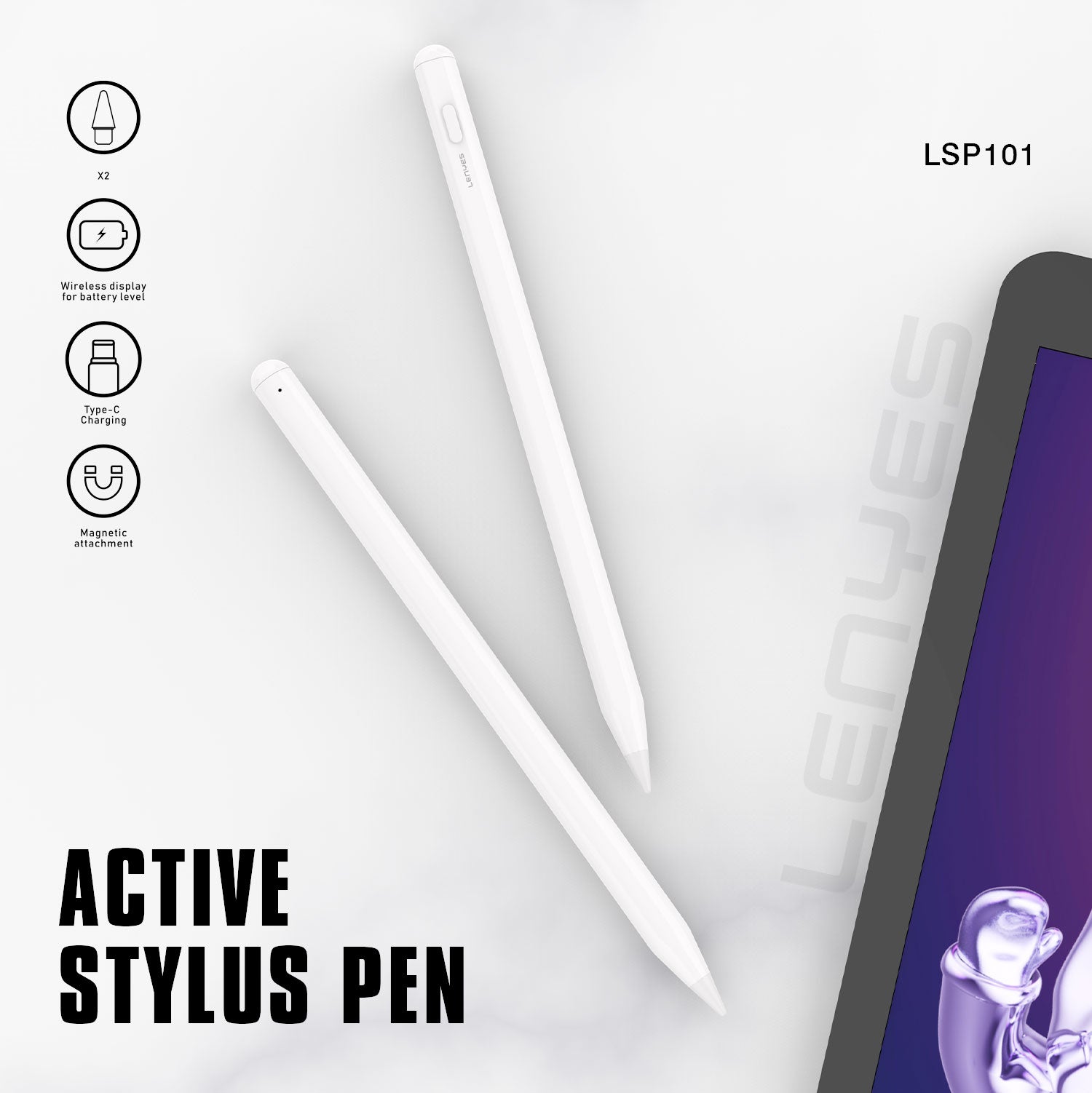 LENYES LSP101 Stylus Pen Activo iPad Rechazo Palma USB-C Magnético Blanco