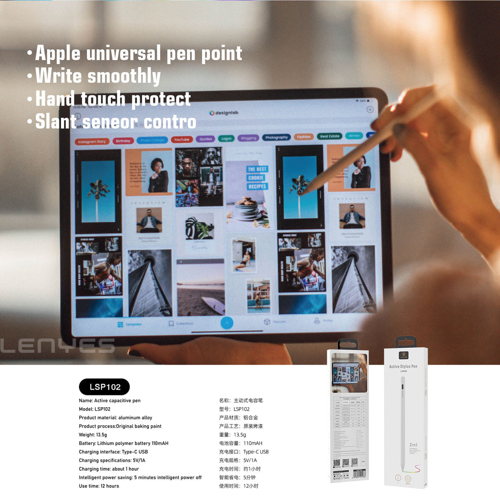 LENYES LSP102 Stylus Pen Activo Rechazo Palma 8-10h USB-C iPad Android Blanco