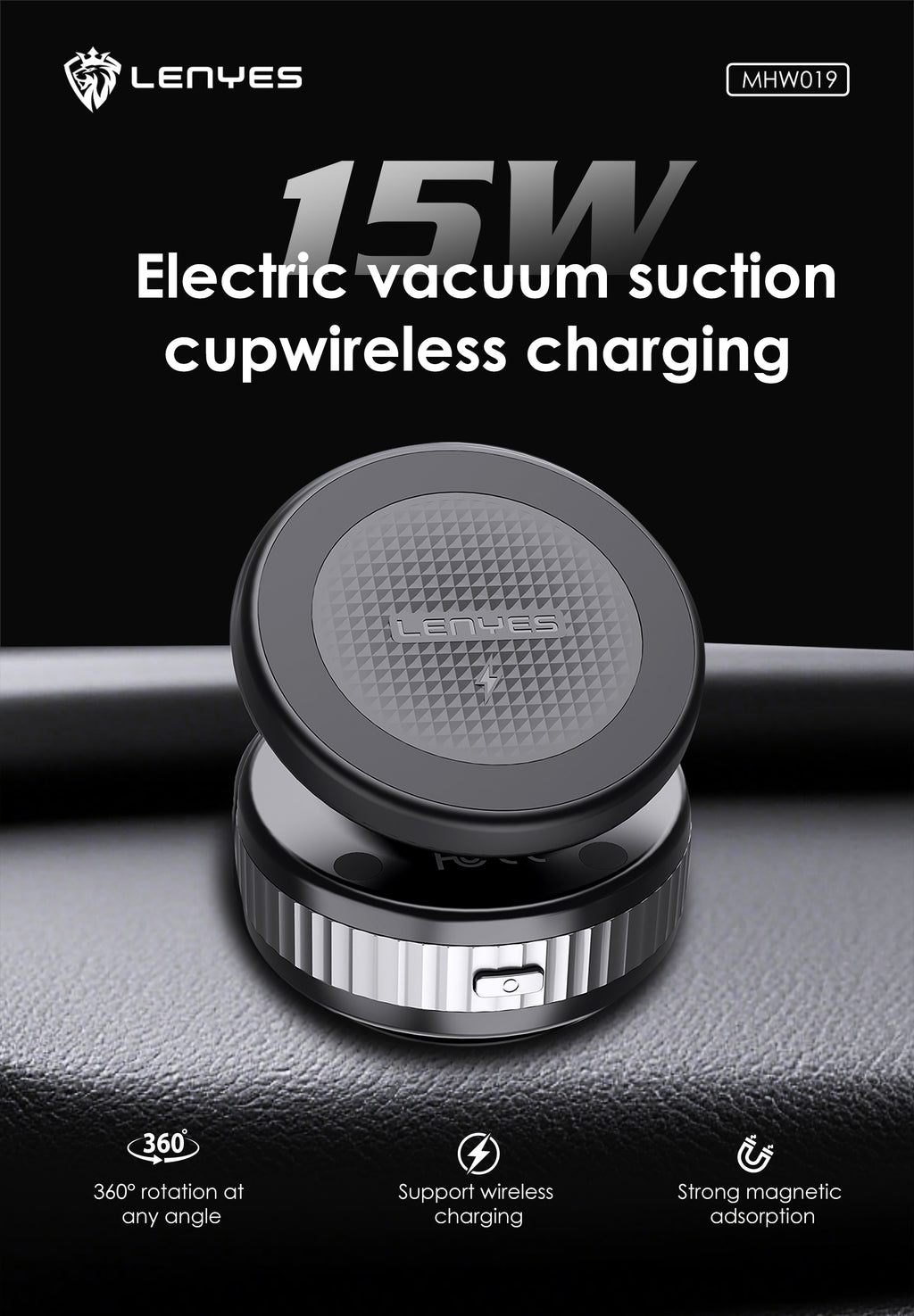 LENYES MHW019 Soporte Coche Carga Inalámbrica 15W Ventosa Eléctrica 360° Negro