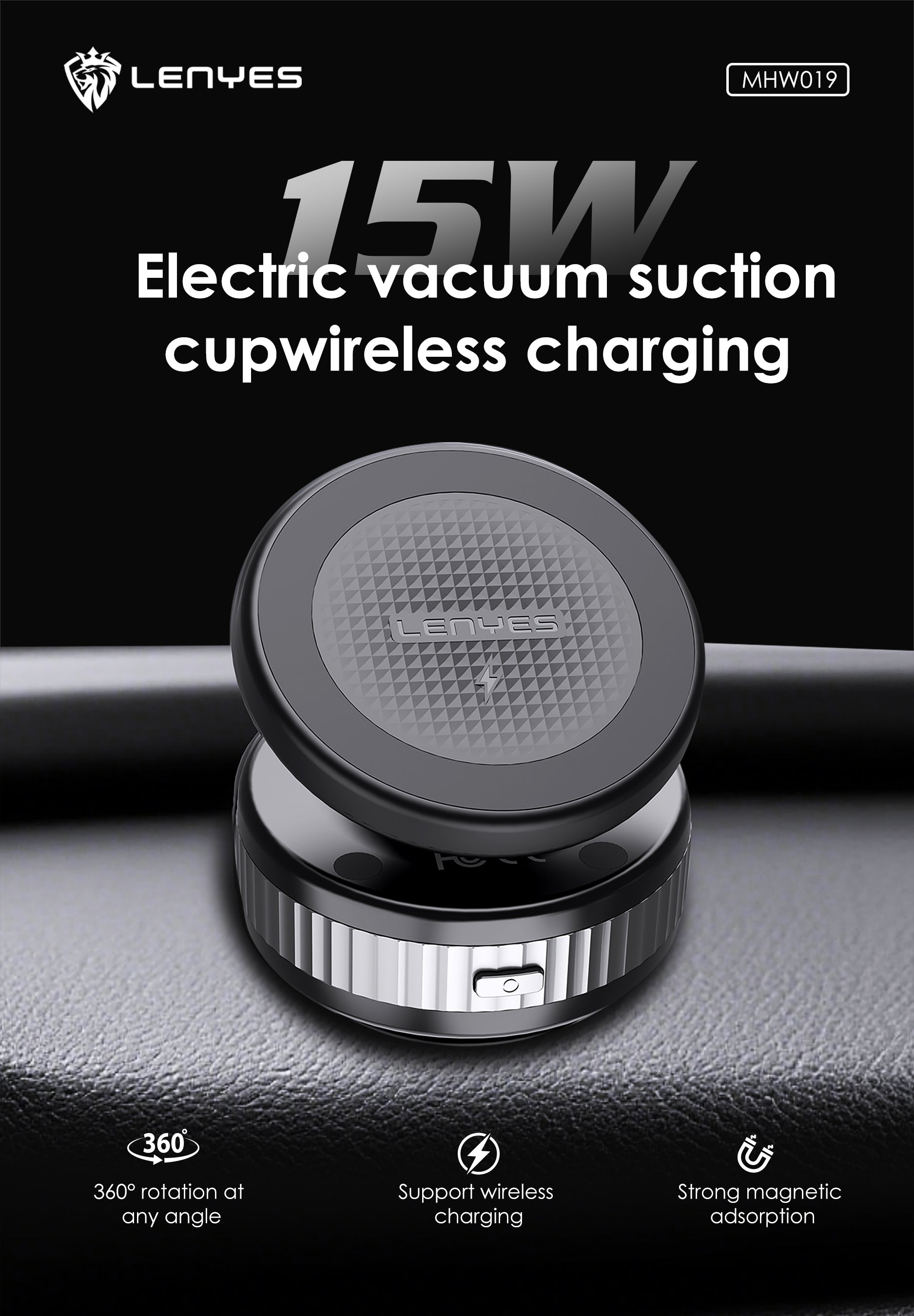 LENYES MHW019 Soporte Coche Carga Inalámbrica 15W Ventosa Eléctrica 360° Negro