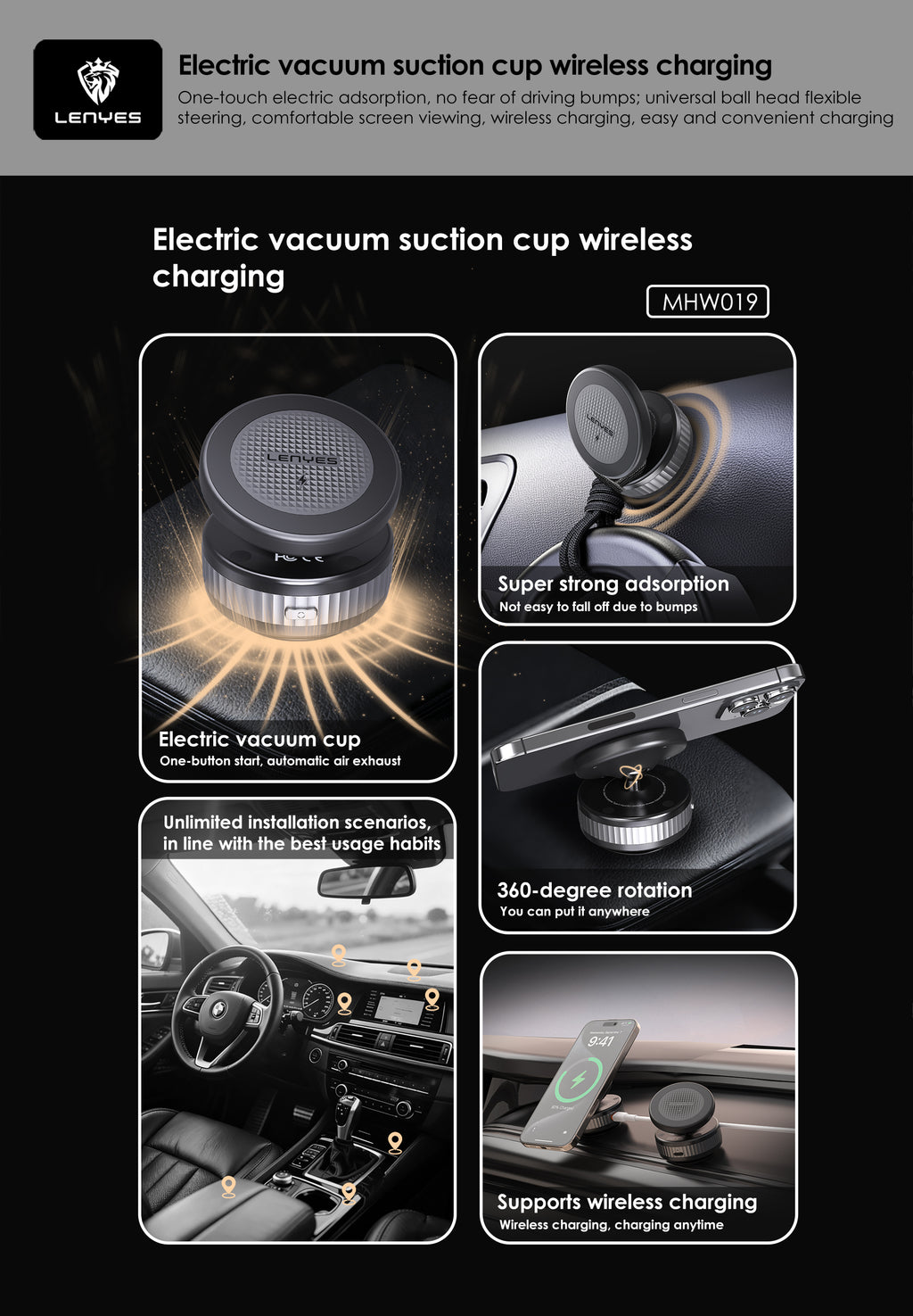 LENYES MHW019 Soporte Coche Carga Inalámbrica 15W Ventosa Eléctrica 360° Negro