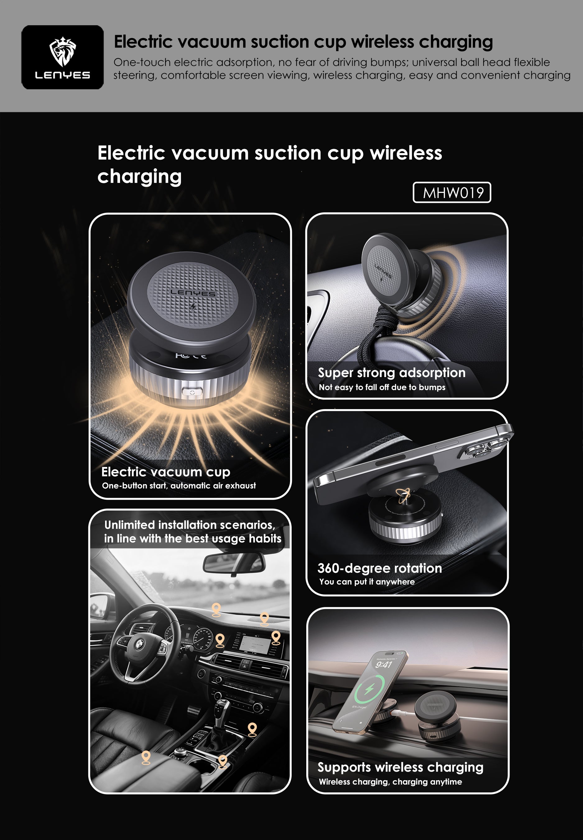 LENYES MHW019 Soporte Coche Carga Inalámbrica 15W Ventosa Eléctrica 360° Negro