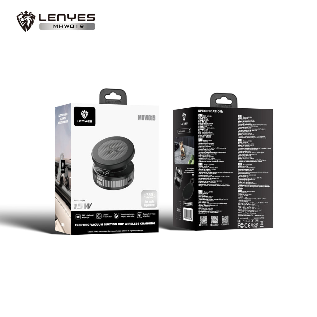 LENYES MHW019 Soporte Coche Carga Inalámbrica 15W Ventosa Eléctrica 360° Negro