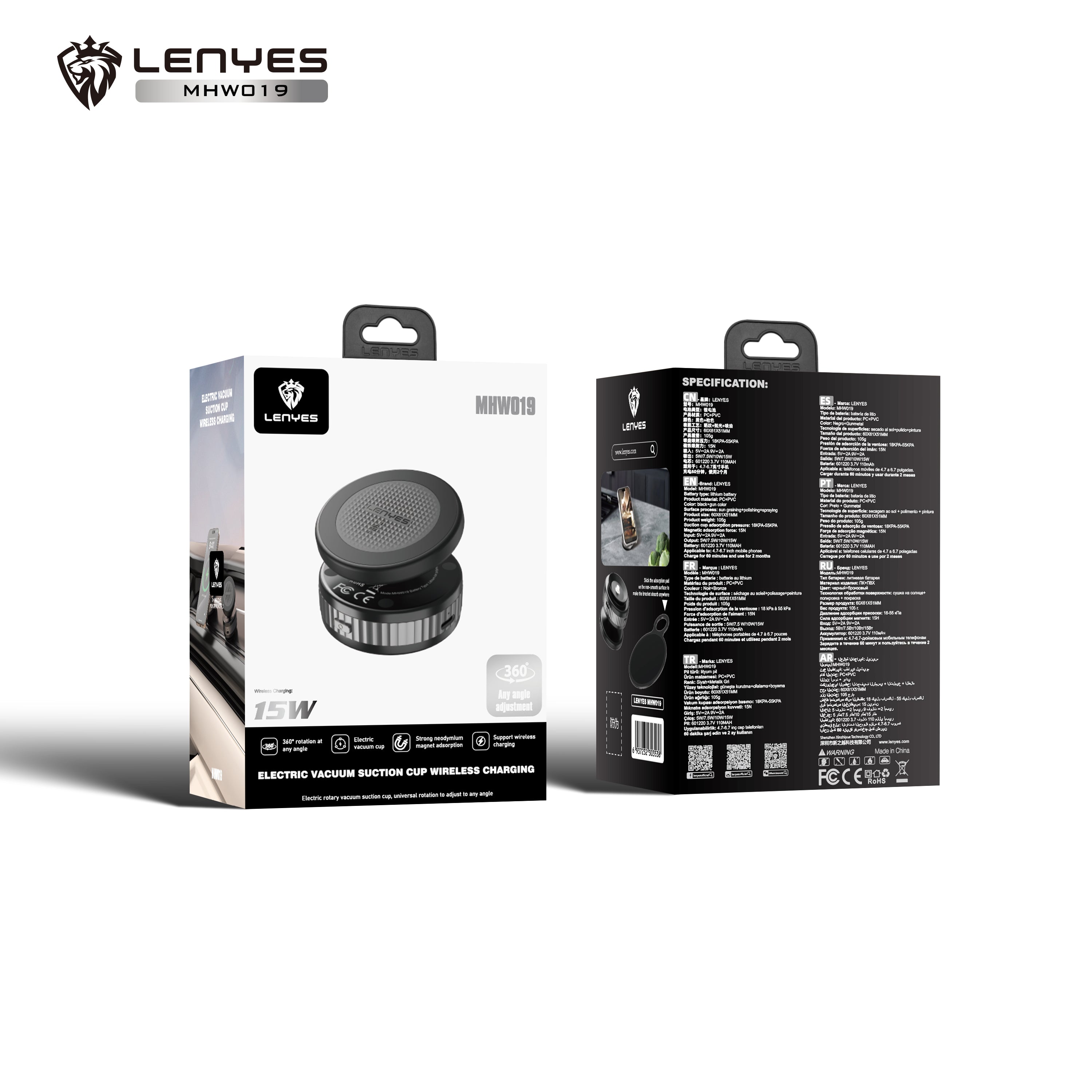 LENYES MHW019 Soporte Coche Carga Inalámbrica 15W Ventosa Eléctrica 360° Negro