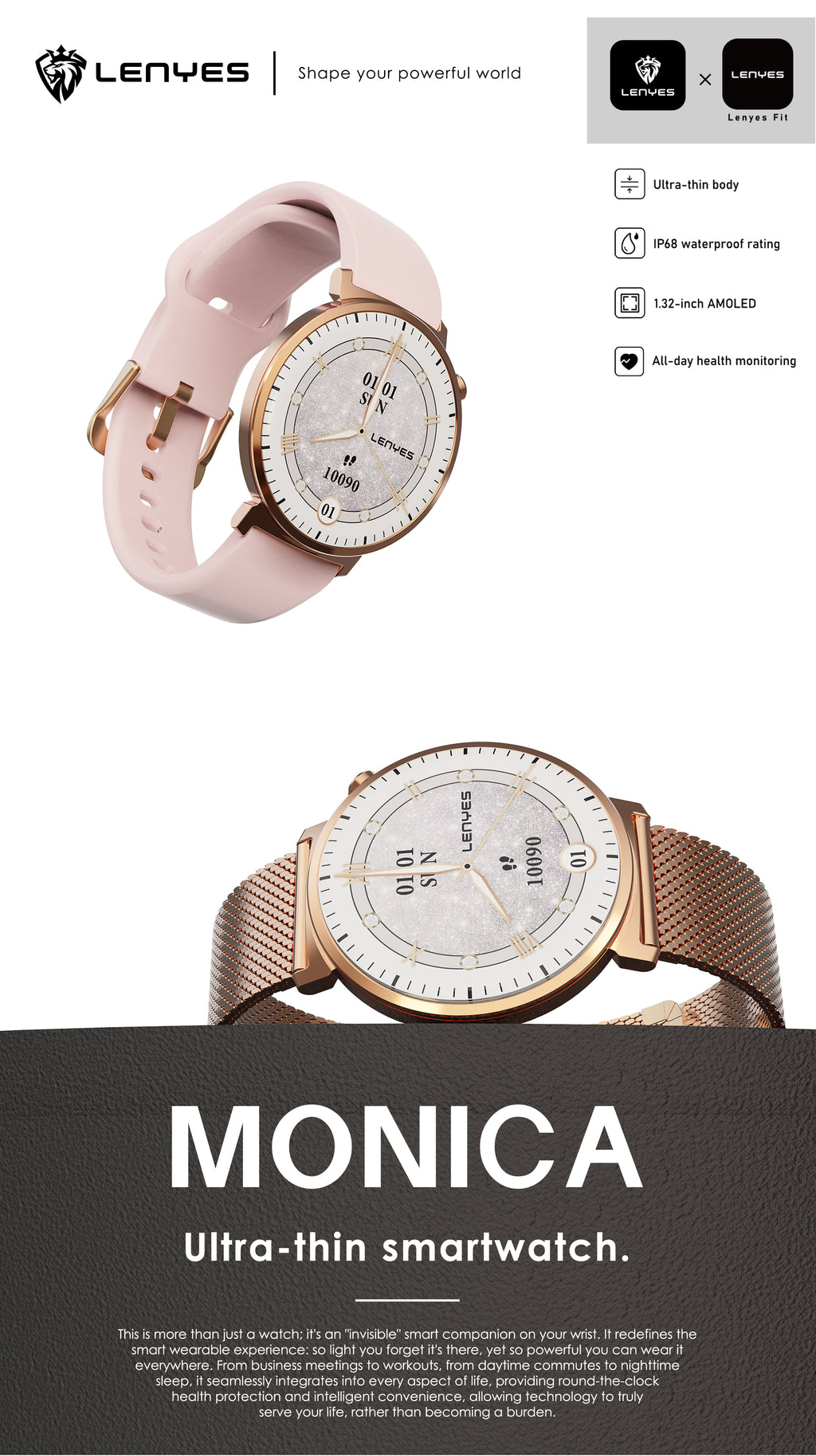 LENYES MONICA Smartwatch Ultra-Thin 8mm AMOLED 1.32" IP68 180mAh Oro Rosa