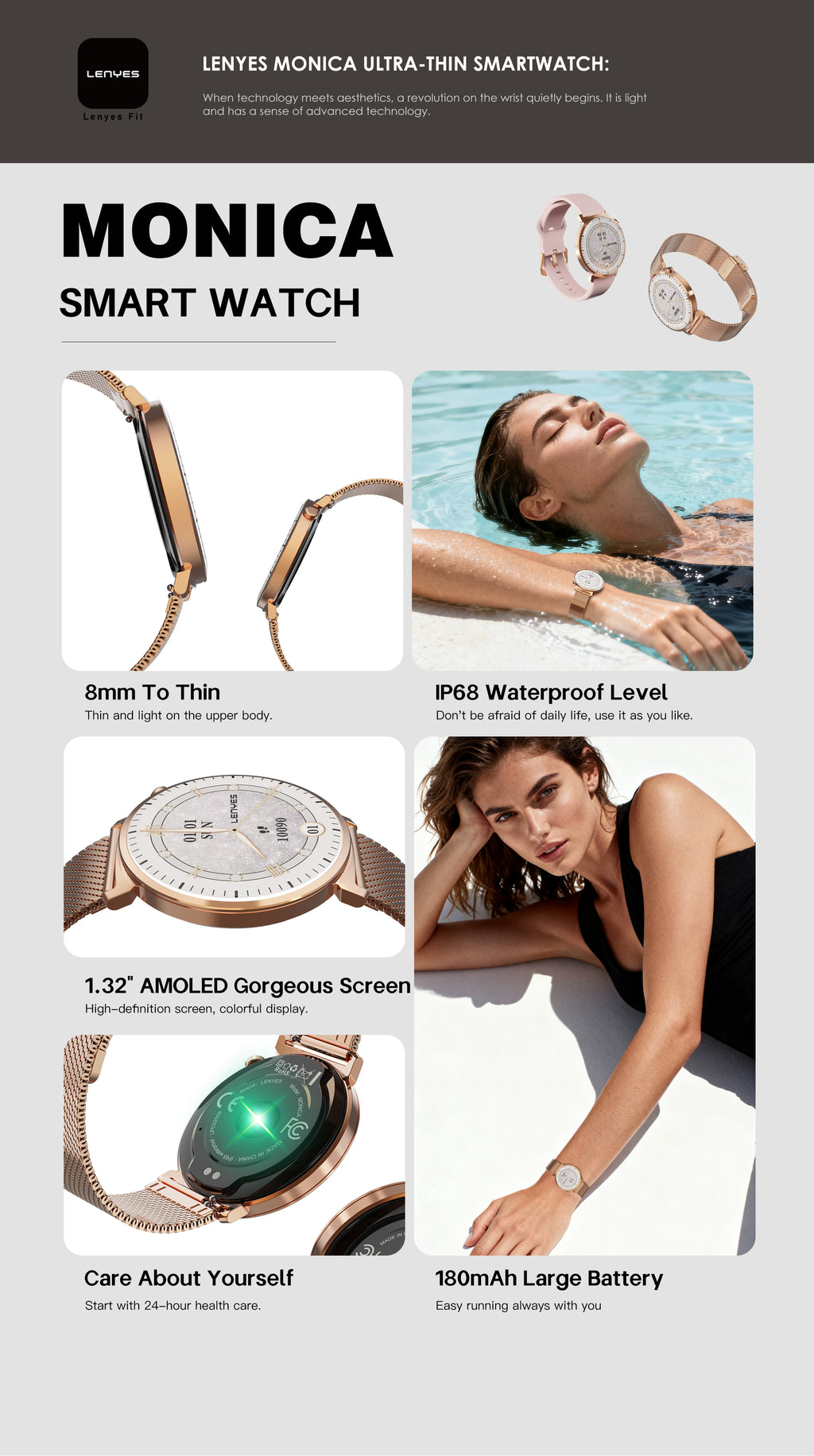 LENYES MONICA Smartwatch Ultra-Thin 8mm AMOLED 1.32" IP68 180mAh Oro Rosa