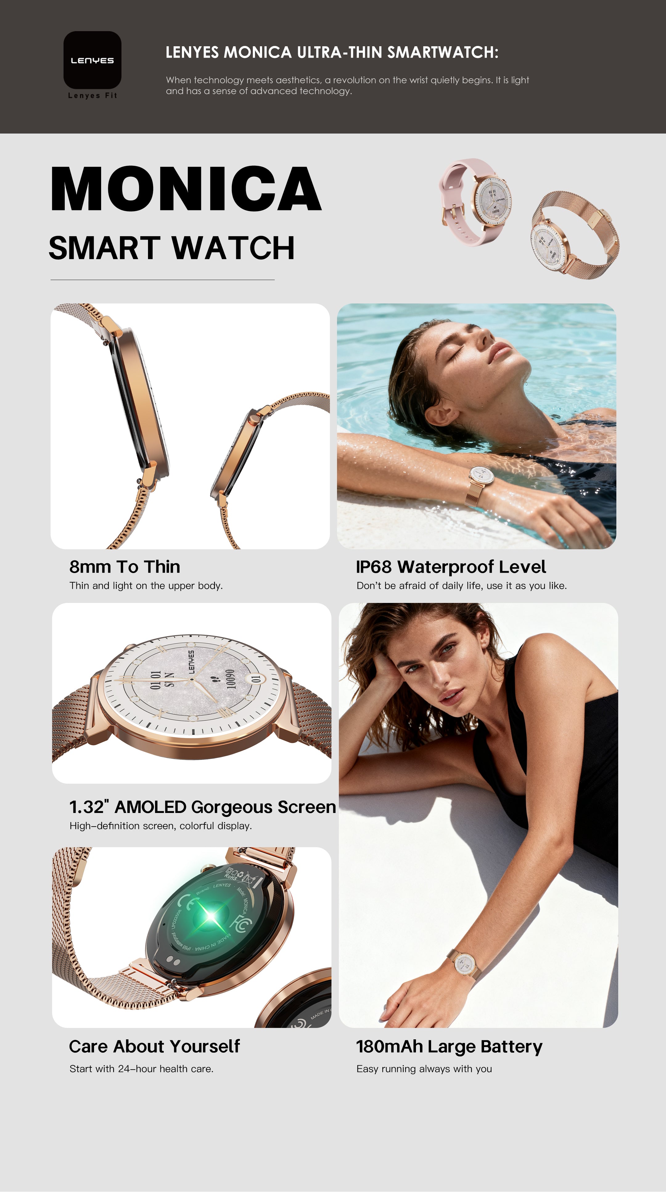 LENYES MONICA Smartwatch Ultra-Thin 8mm AMOLED 1.32" IP68 180mAh Oro Rosa