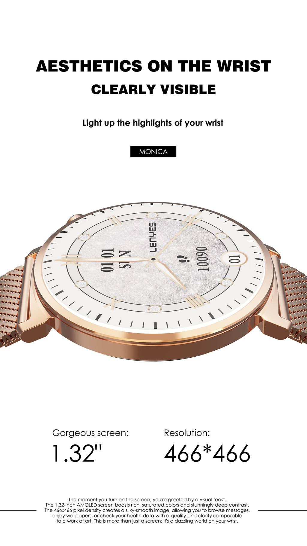 LENYES MONICA Smartwatch Ultra-Thin 8mm AMOLED 1.32" IP68 180mAh Oro Rosa
