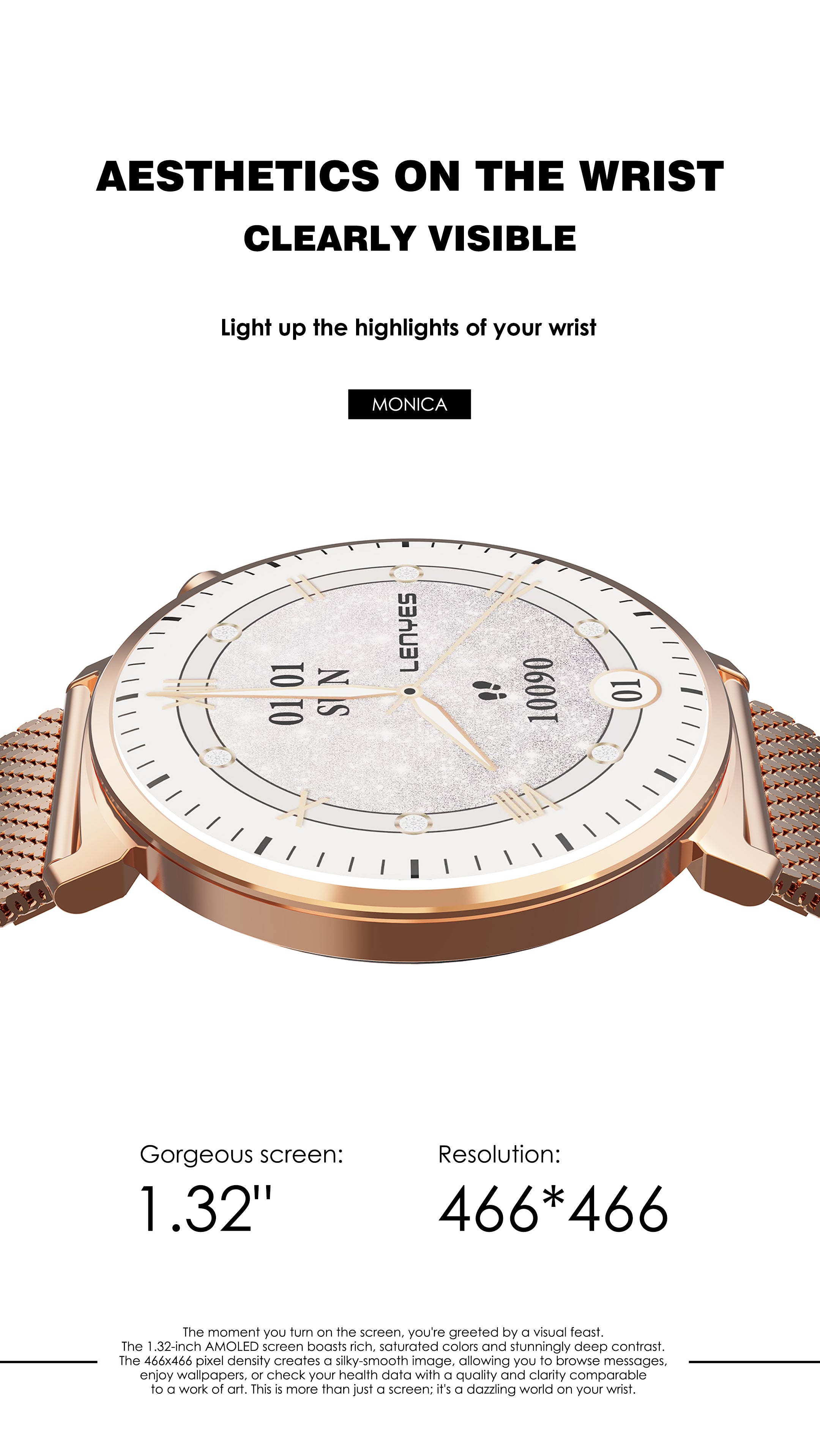 LENYES MONICA Smartwatch Ultra-Thin 8mm AMOLED 1.32" IP68 180mAh Oro Rosa