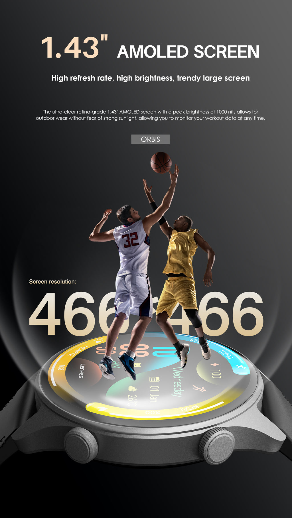 LENYES ORBIS Smartwatch Circular Monitor Salud SpO2 Presión 5-8 Días IP67 Negro