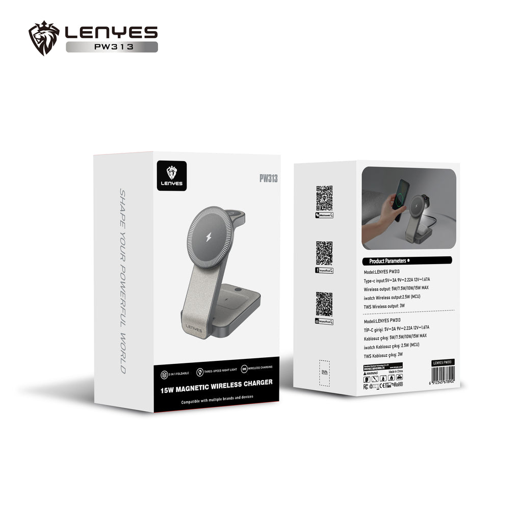 LENYES PW313 Cargador Inalámbrico 3en1 15W Plegable 0-65° Luz 9 Protecciones Gris