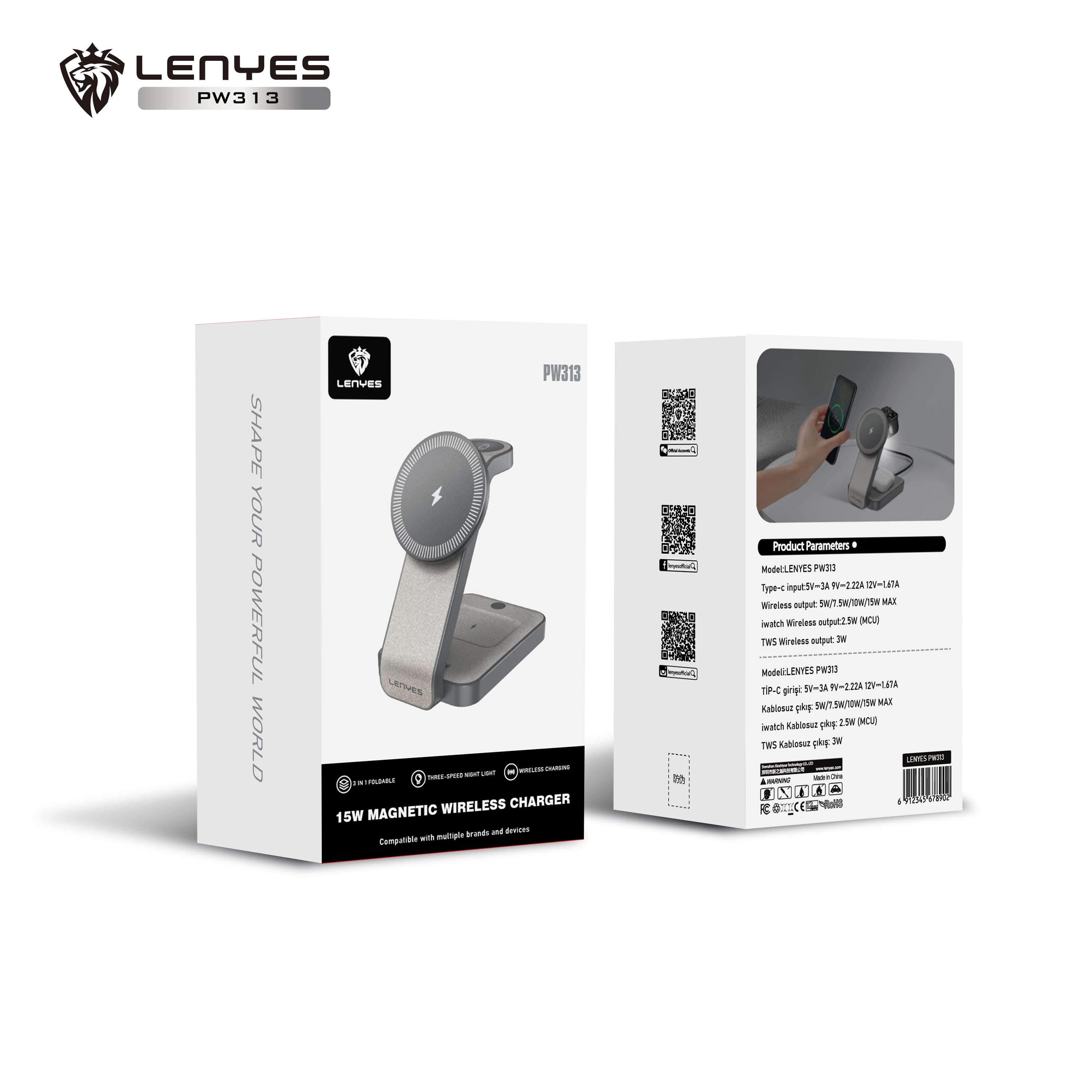 LENYES PW313 Cargador Inalámbrico 3en1 15W Plegable 0-65° Luz 9 Protecciones Gris