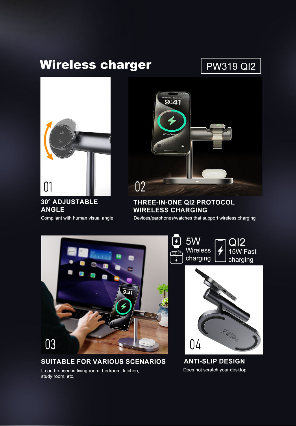 LENYES PW319 Cargador Inalámbrico 3en1 15W Qi2 Ángulo 30° Luz Nocturna Negro
