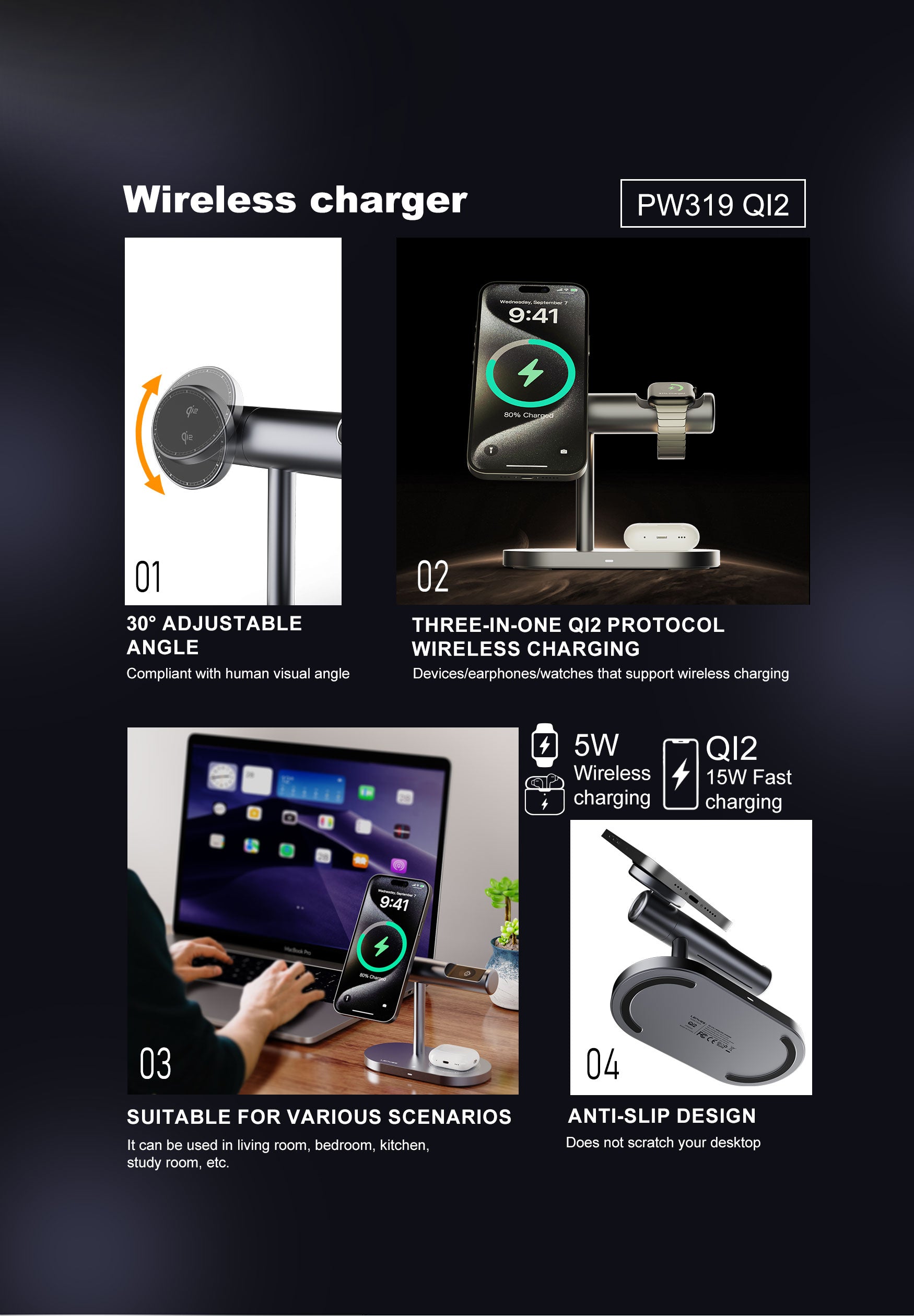 LENYES PW319 Cargador Inalámbrico 3en1 15W Qi2 Ángulo 30° Luz Nocturna Negro