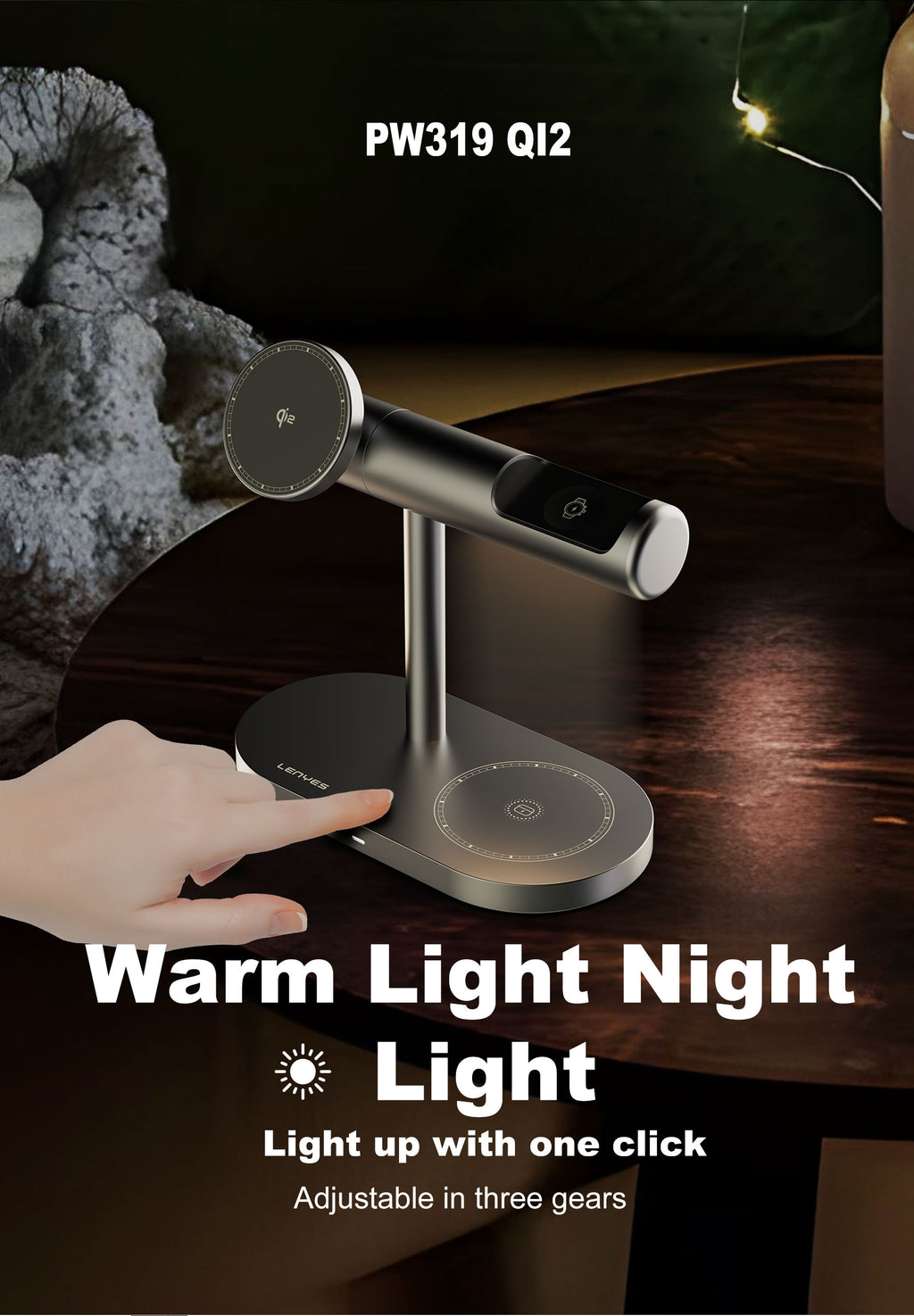 LENYES PW319 Cargador Inalámbrico 3en1 15W Qi2 Ángulo 30° Luz Nocturna Negro