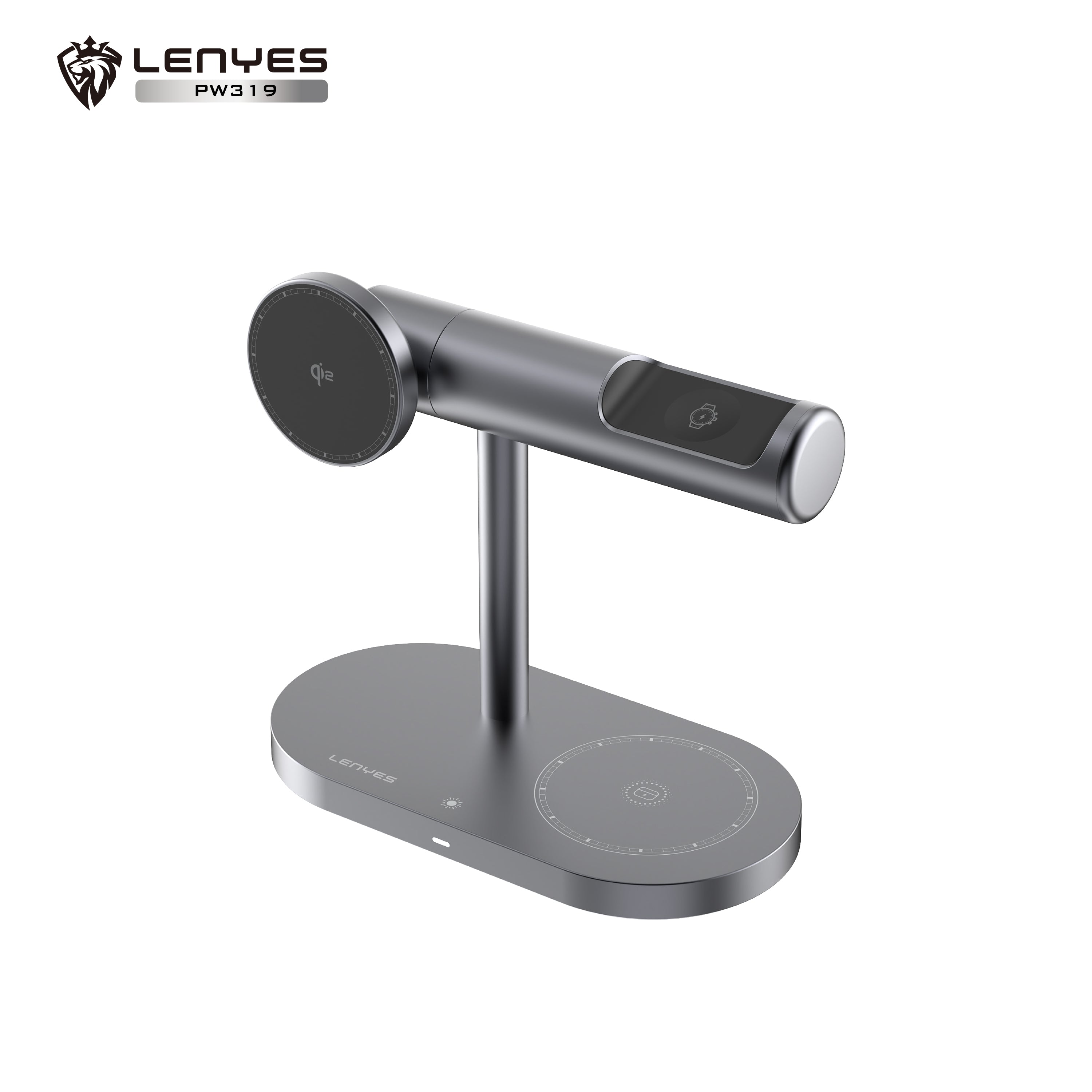 LENYES PW319 Cargador Inalámbrico 3en1 15W Qi2 Ángulo 30° Luz Nocturna Negro