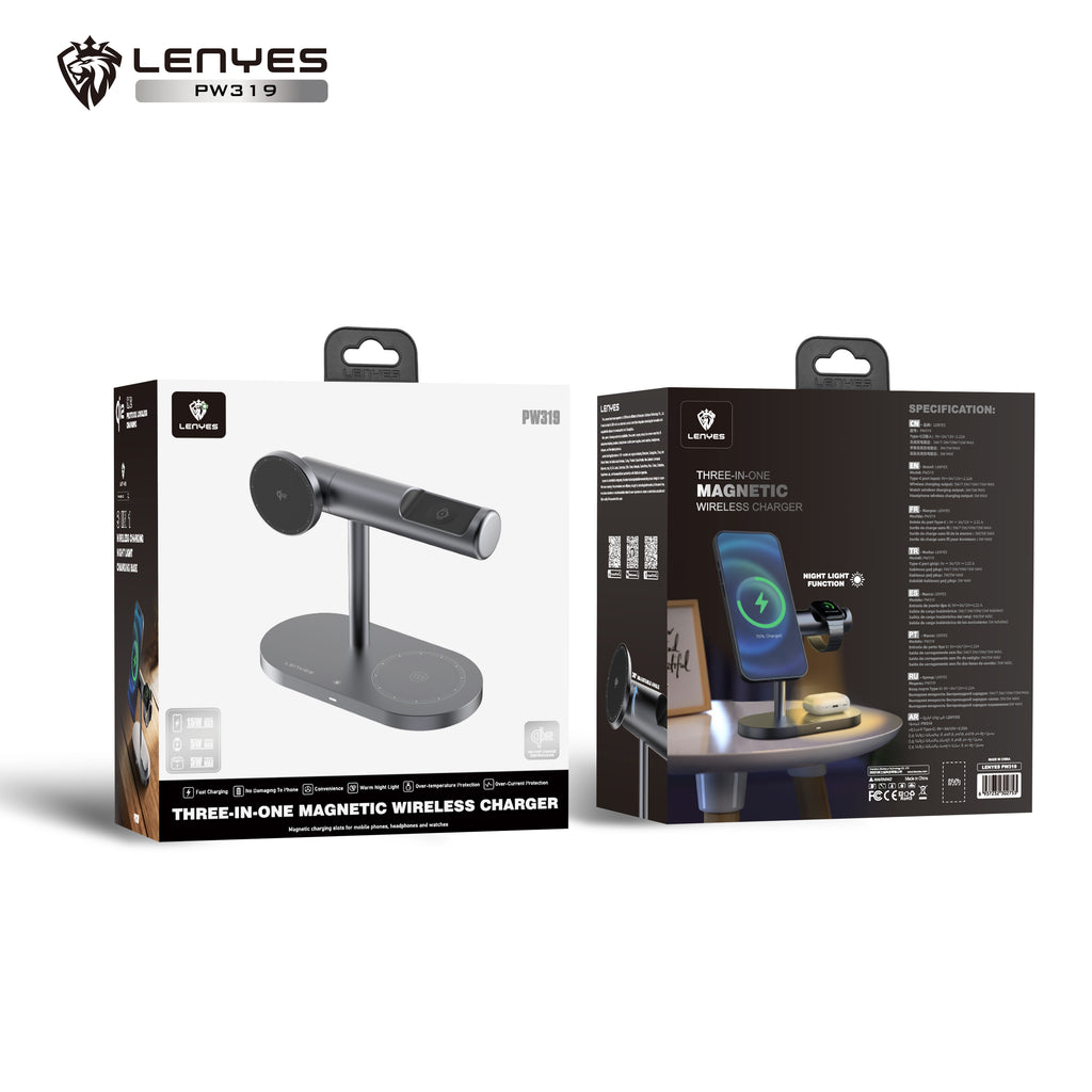 LENYES PW319 Cargador Inalámbrico 3en1 15W Qi2 Ángulo 30° Luz Nocturna Negro