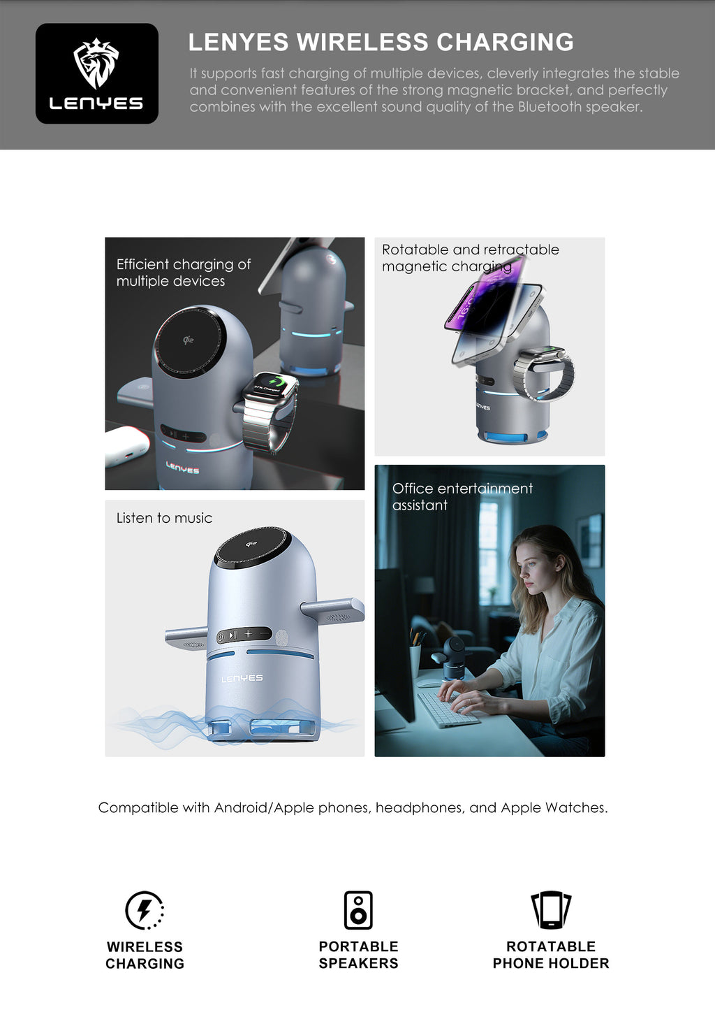 LENYES PW321 Cargador Inalámbrico 3en1 15W Qi2 Altavoz Bluetooth 5.3 LED
