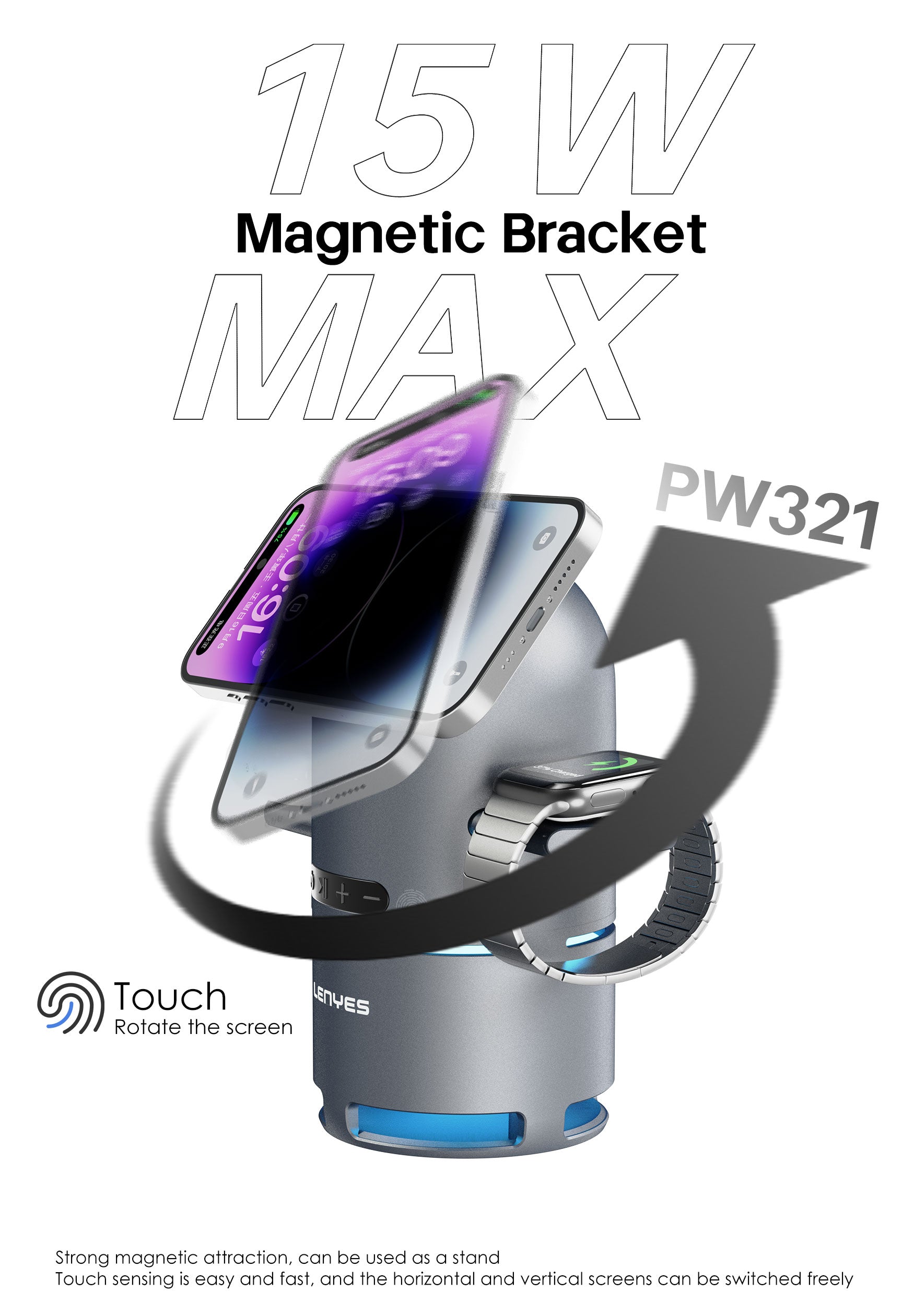 LENYES PW321 Cargador Inalámbrico 3en1 15W Qi2 Altavoz Bluetooth 5.3 LED