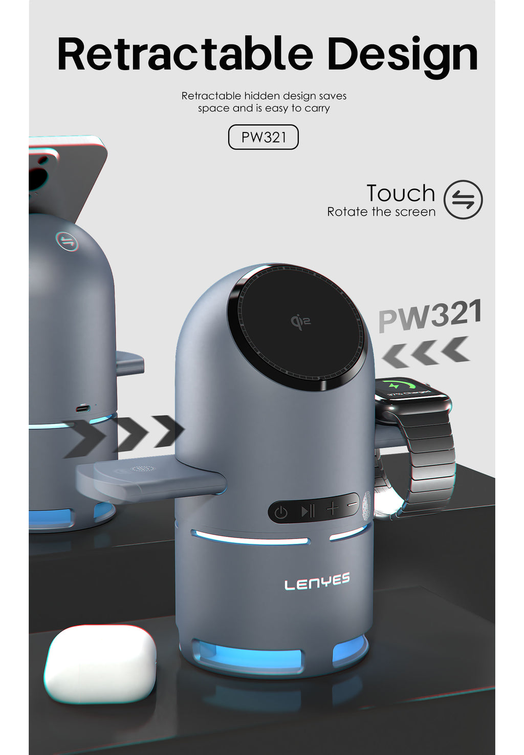 LENYES PW321 Cargador Inalámbrico 3en1 15W Qi2 Altavoz Bluetooth 5.3 LED