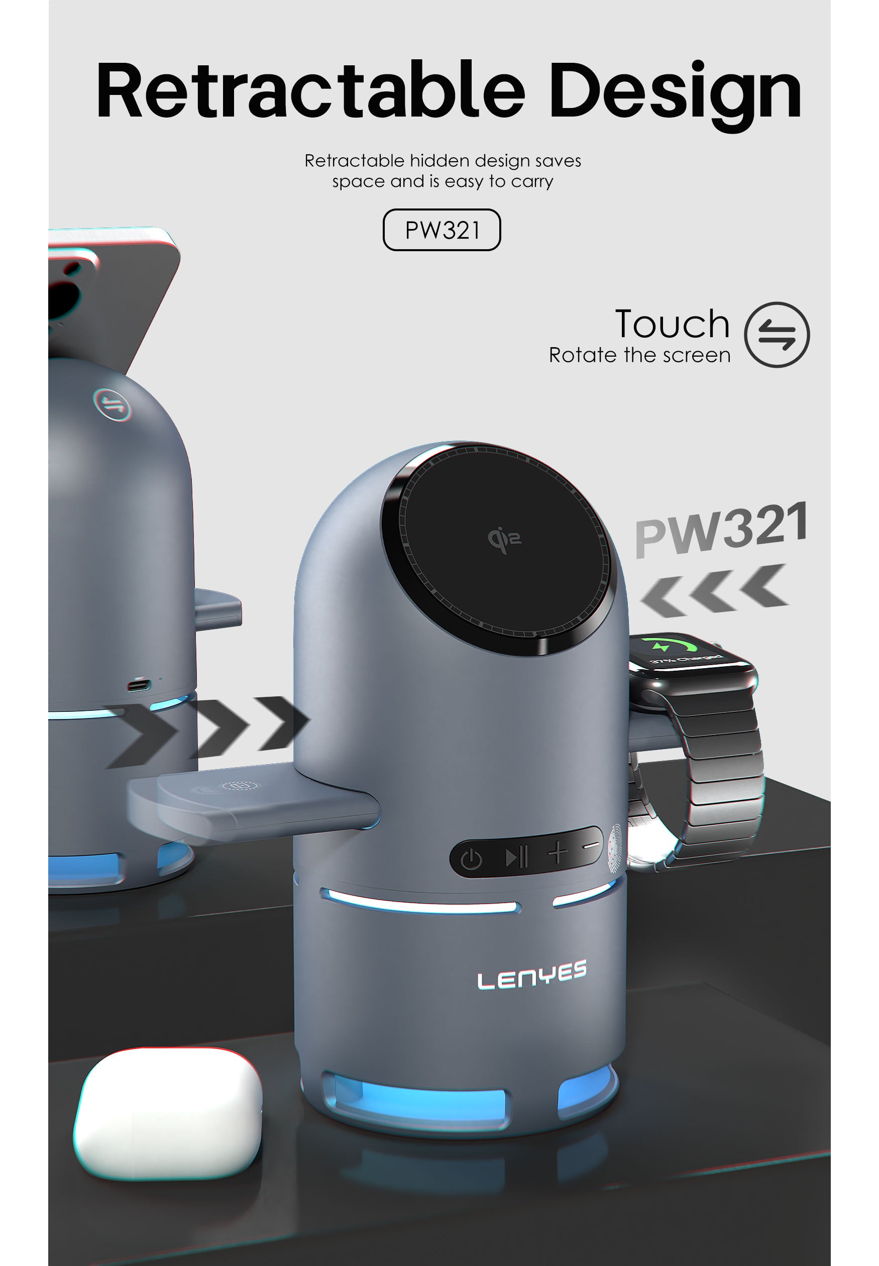 LENYES PW321 Cargador Inalámbrico 3en1 15W Qi2 Altavoz Bluetooth 5.3 LED