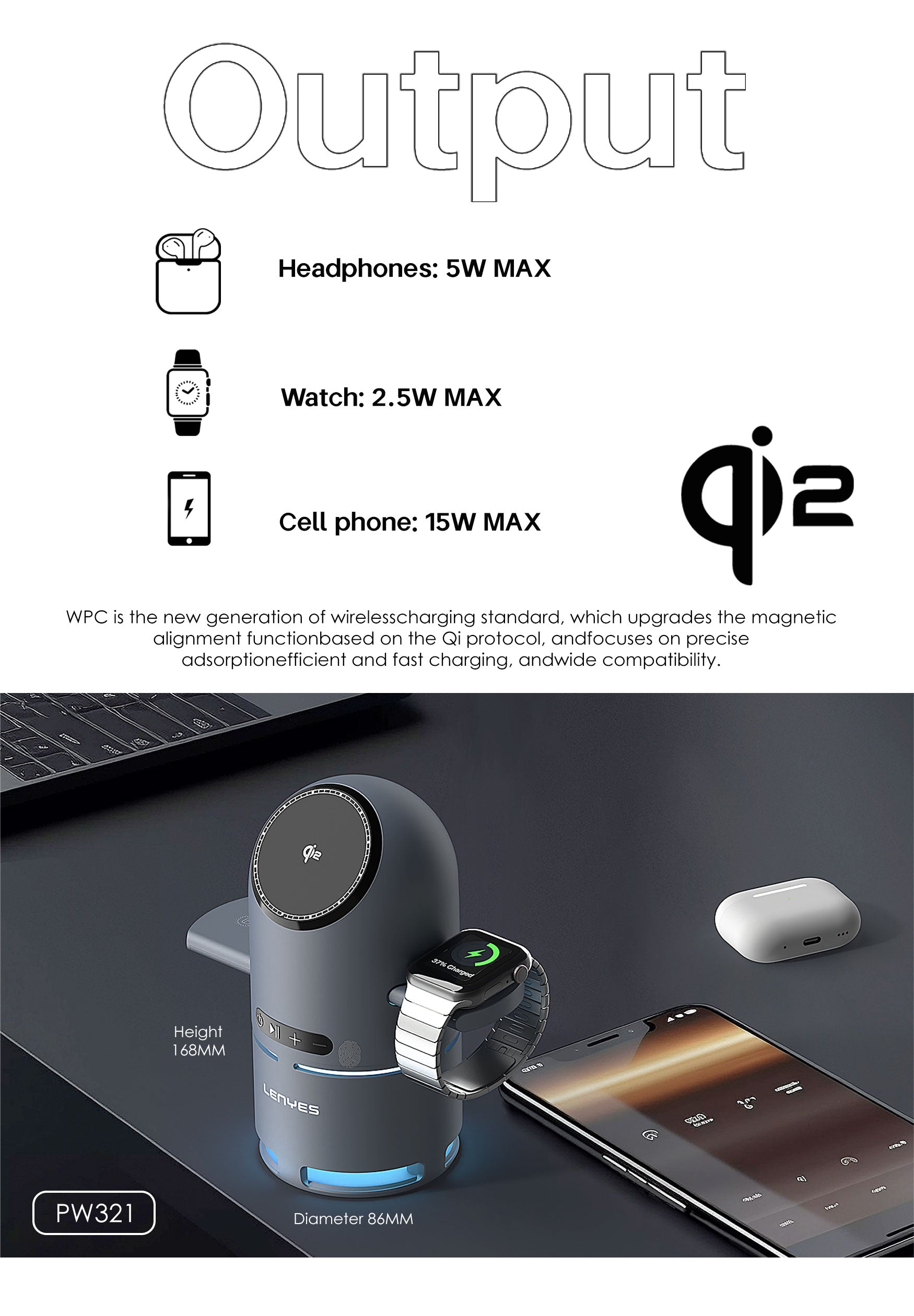 LENYES PW321 Cargador Inalámbrico 3en1 15W Qi2 Altavoz Bluetooth 5.3 LED