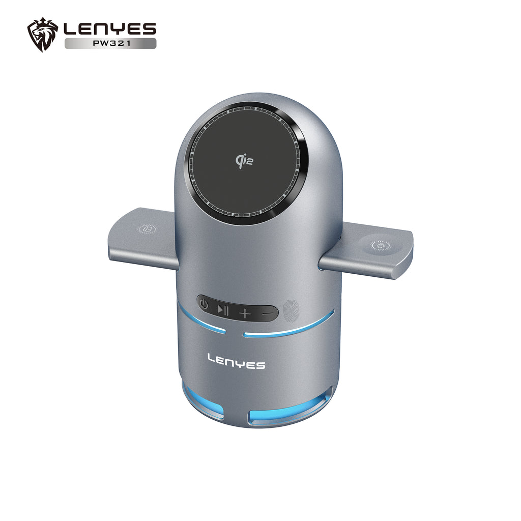 LENYES PW321 Cargador Inalámbrico 3en1 15W Qi2 Altavoz Bluetooth 5.3 LED