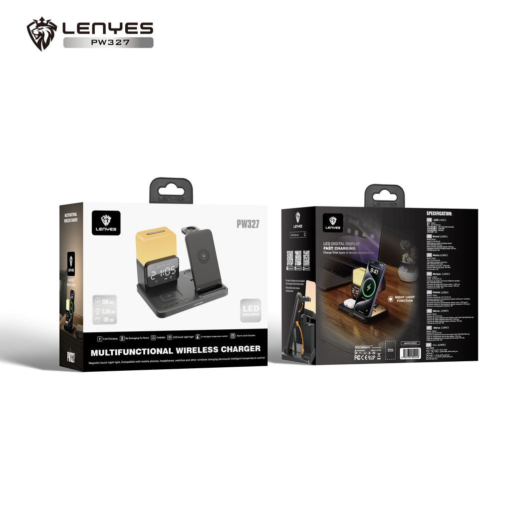 LENYES PW327 Cargador Inalámbrico 4en1 15W Reloj Alarma Lámpara Plegable Negro