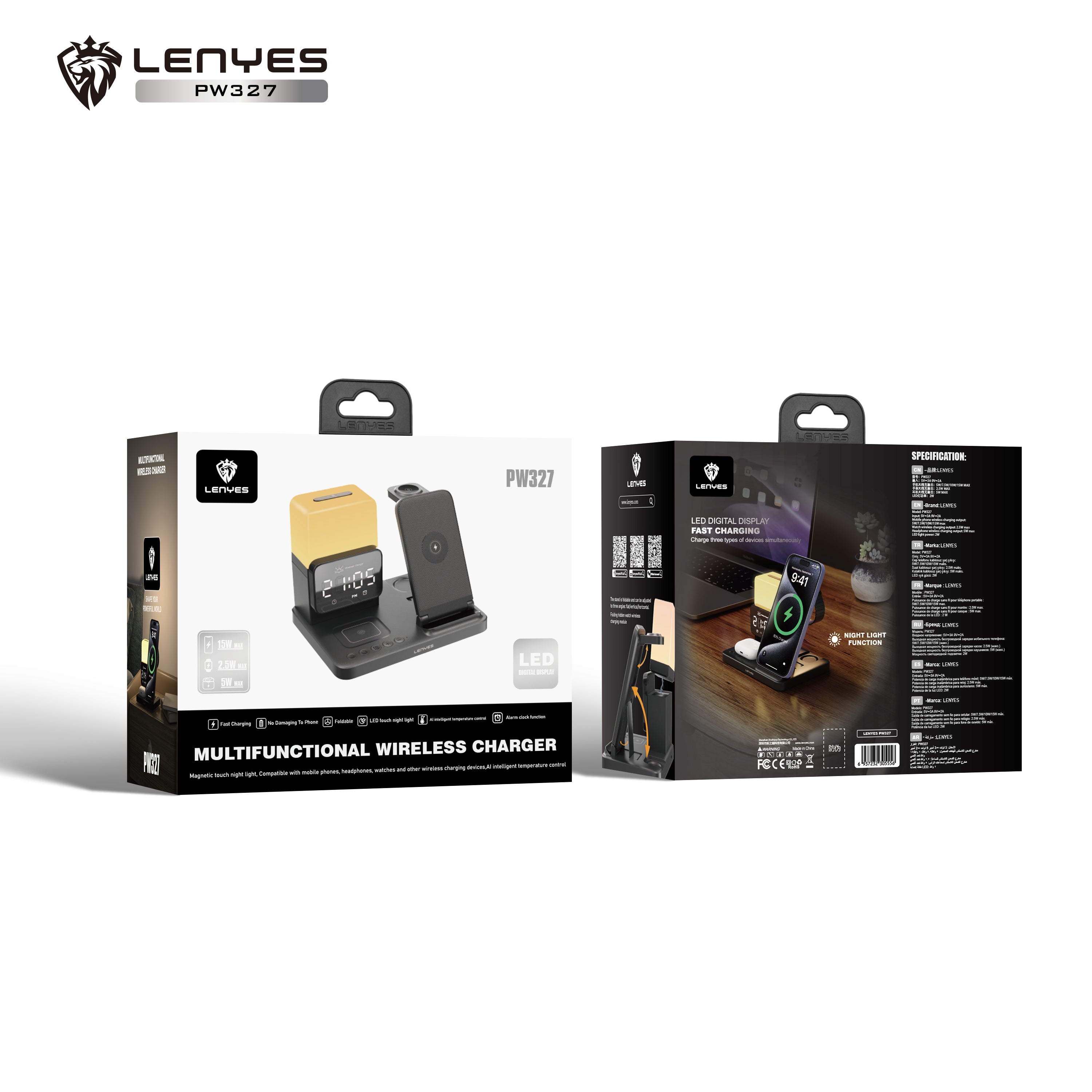LENYES PW327 Cargador Inalámbrico 4en1 15W Reloj Alarma Lámpara Plegable Negro