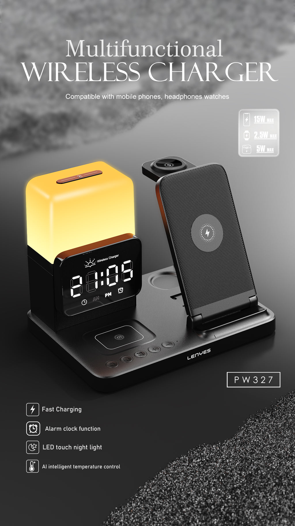 LENYES PW327 Cargador Inalámbrico 4en1 15W Reloj Alarma Lámpara Plegable Negro
